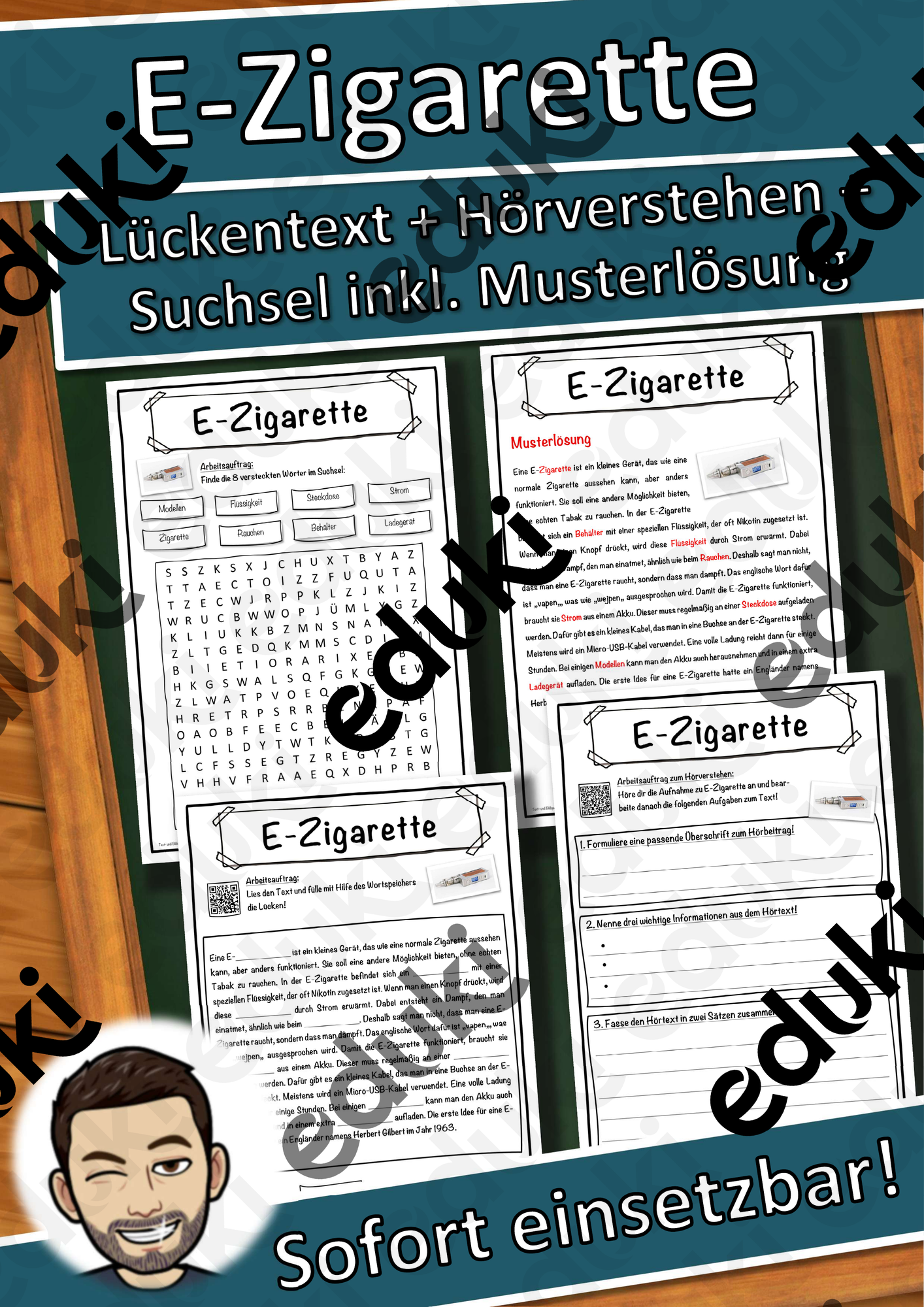 E-Zigarette Lückentext mit Wortspeicher Hörverstehen und Suchsel