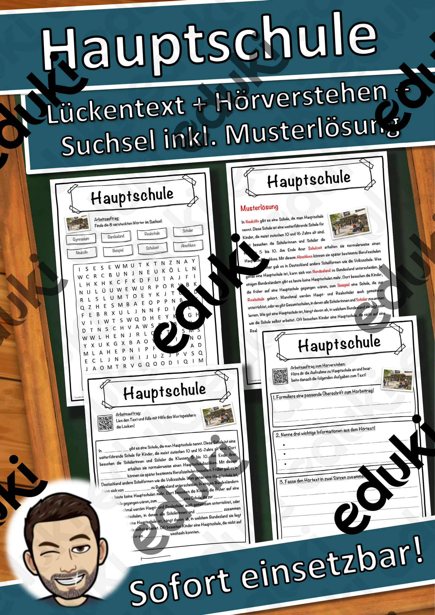 Hauptschule Lückentext mit Wortspeicher Hörverstehen und Suchsel