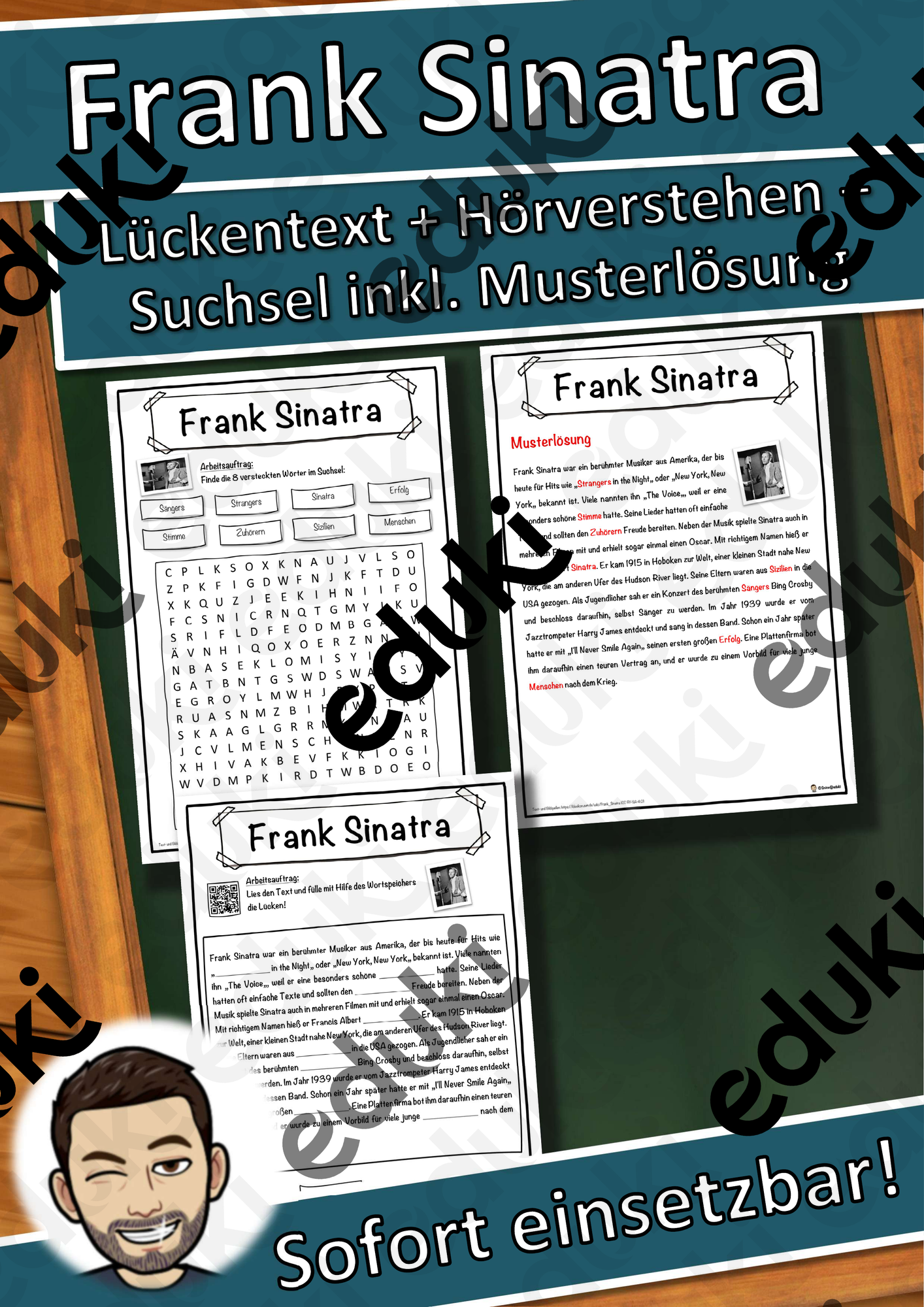 Frank Sinatra Lückentext mit Wortspeicher Hörverstehen und Suchsel
