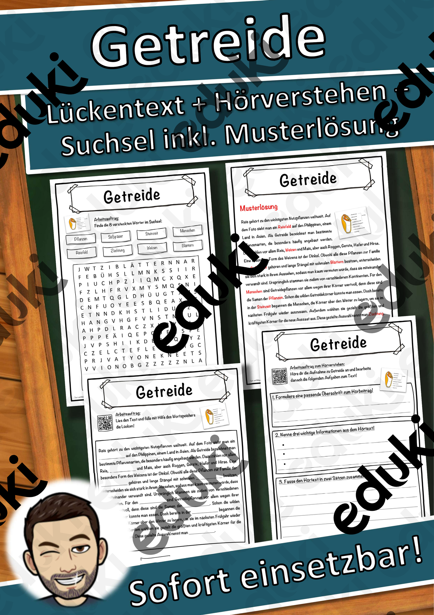 Getreide Lückentext mit Wortspeicher Hörverstehen und Suchsel