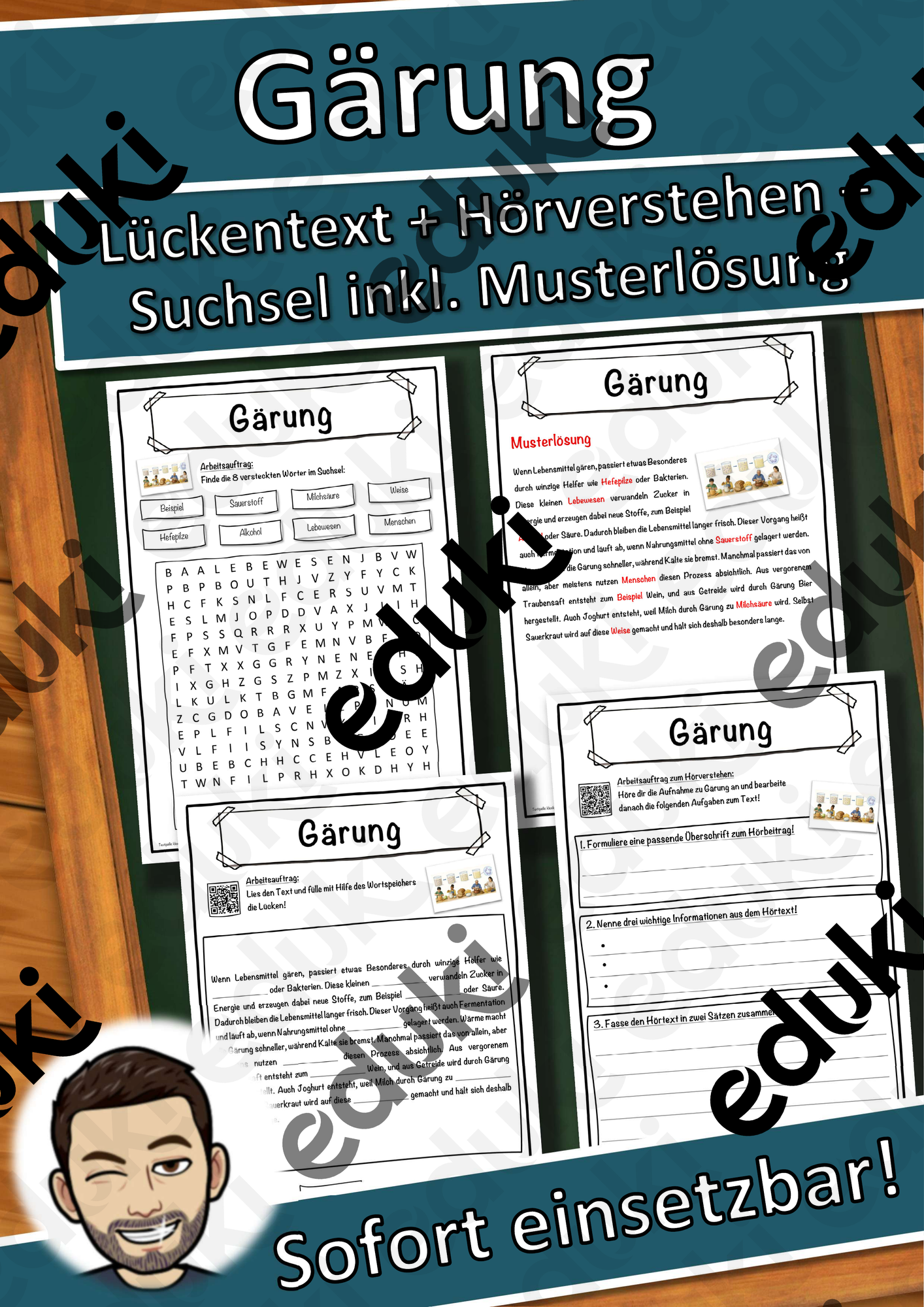 Gärung Lückentext mit Wortspeicher Hörverstehen und Suchsel