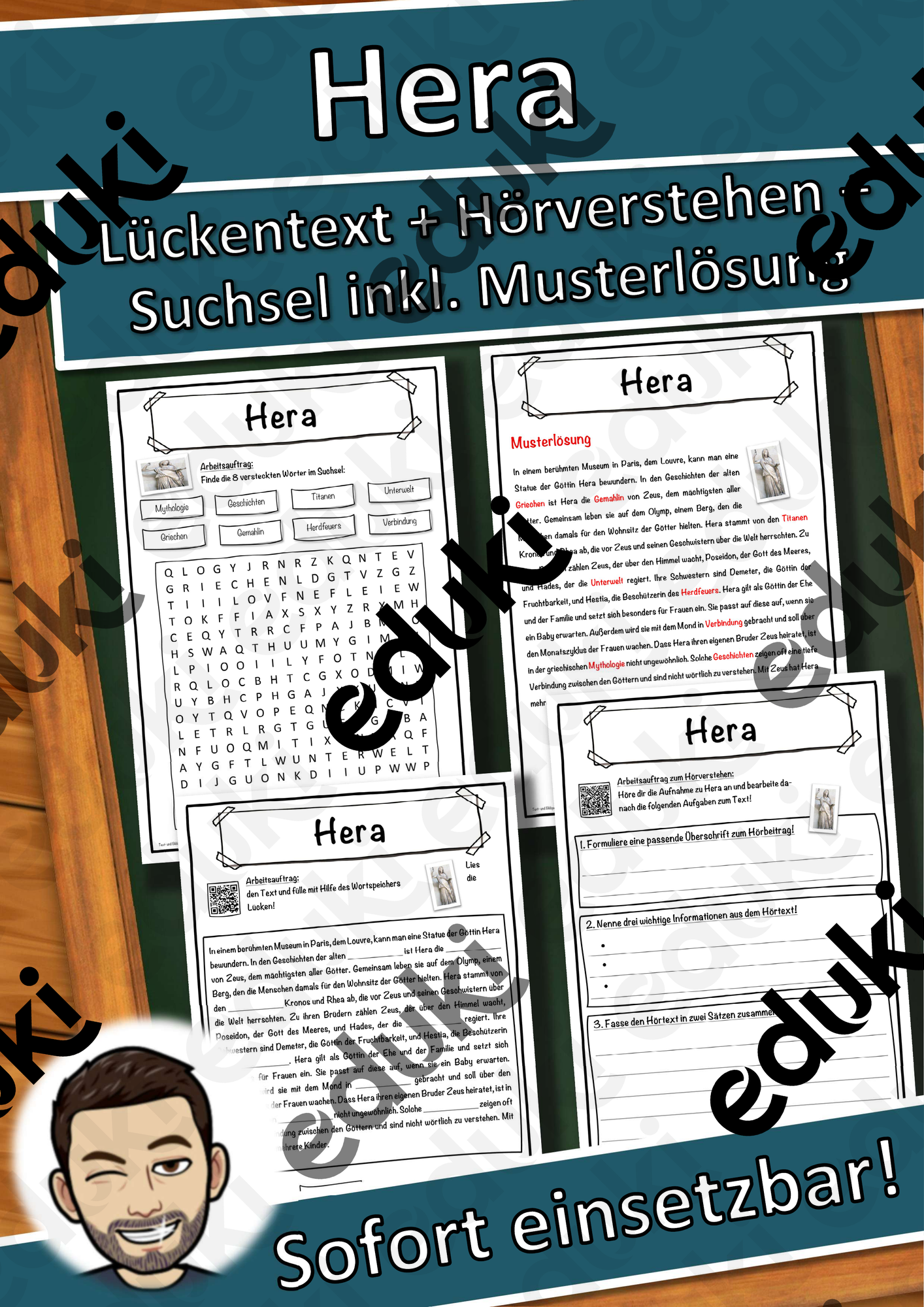 Hera Lückentext mit Wortspeicher Hörverstehen und Suchsel