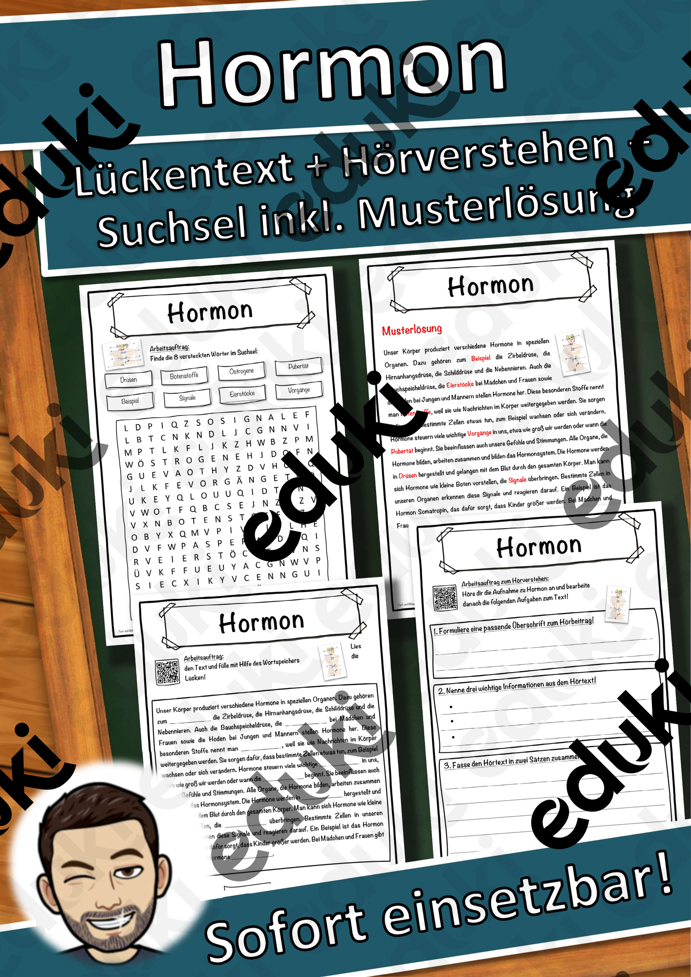 Hormon Lückentext mit Wortspeicher Hörverstehen und Suchsel