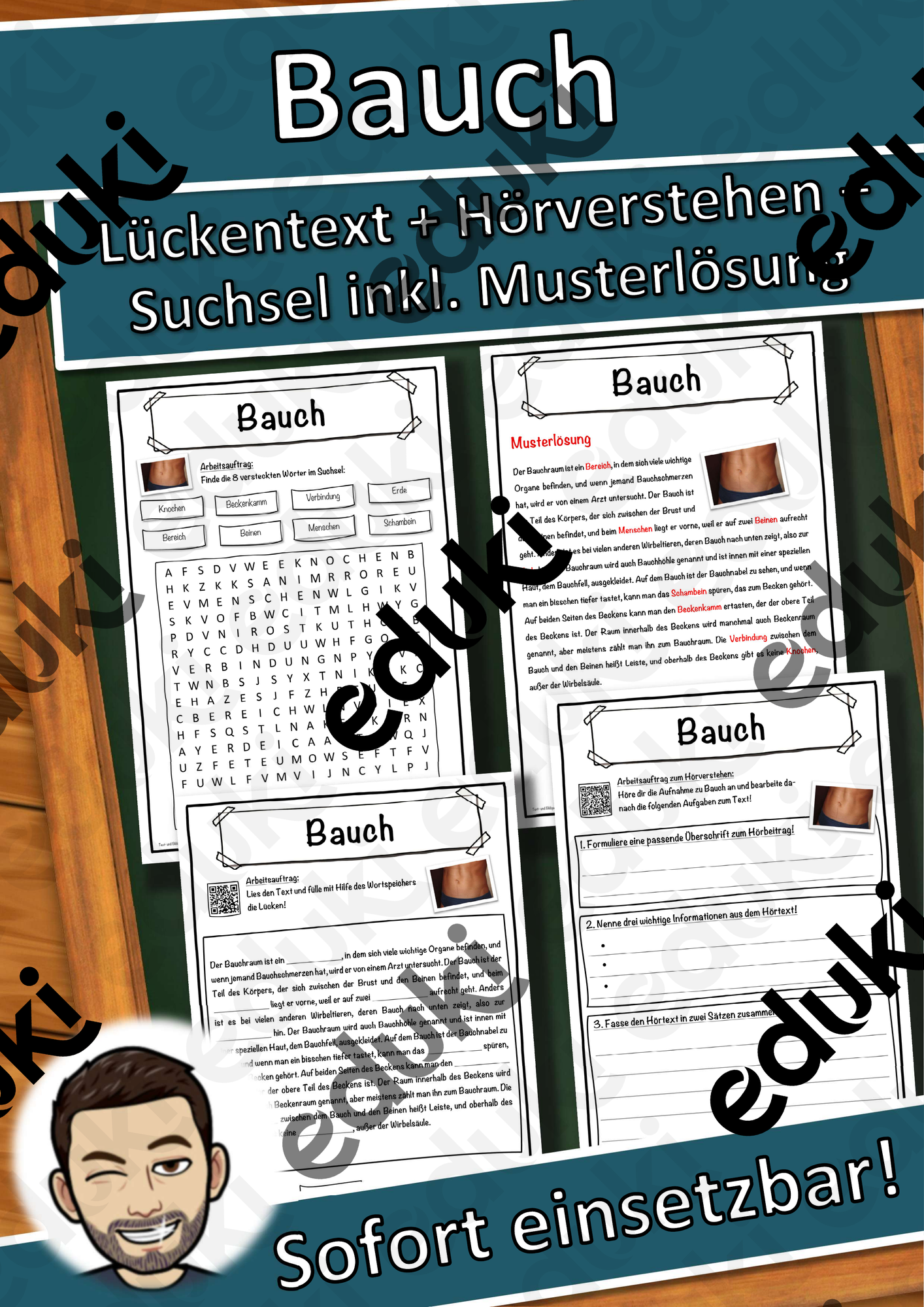 Bauch Lückentext mit Wortspeicher Hörverstehen und Suchsel