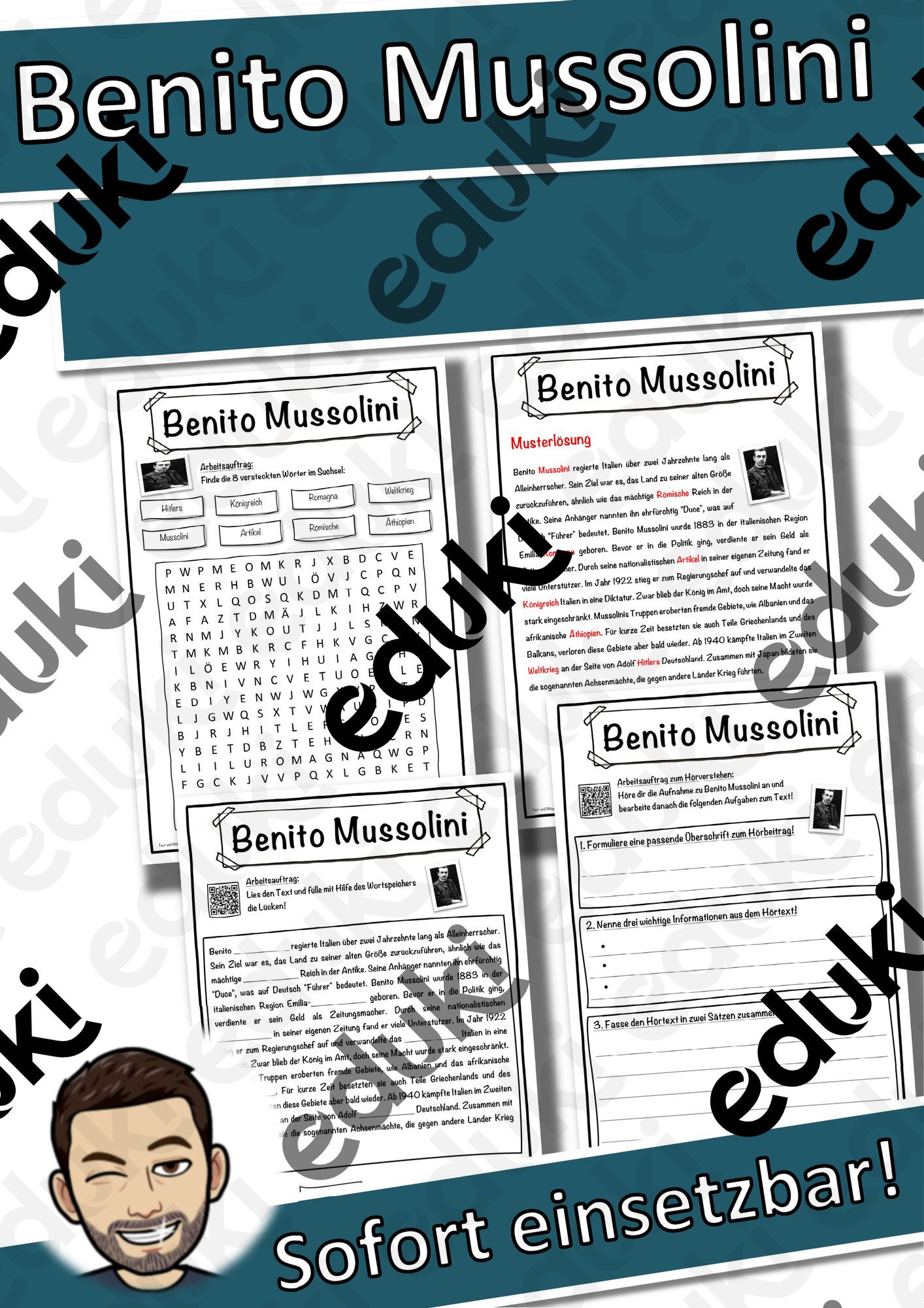 Benito Mussolini Lückentext mit Wortspeicher Hörverstehen und Suchsel