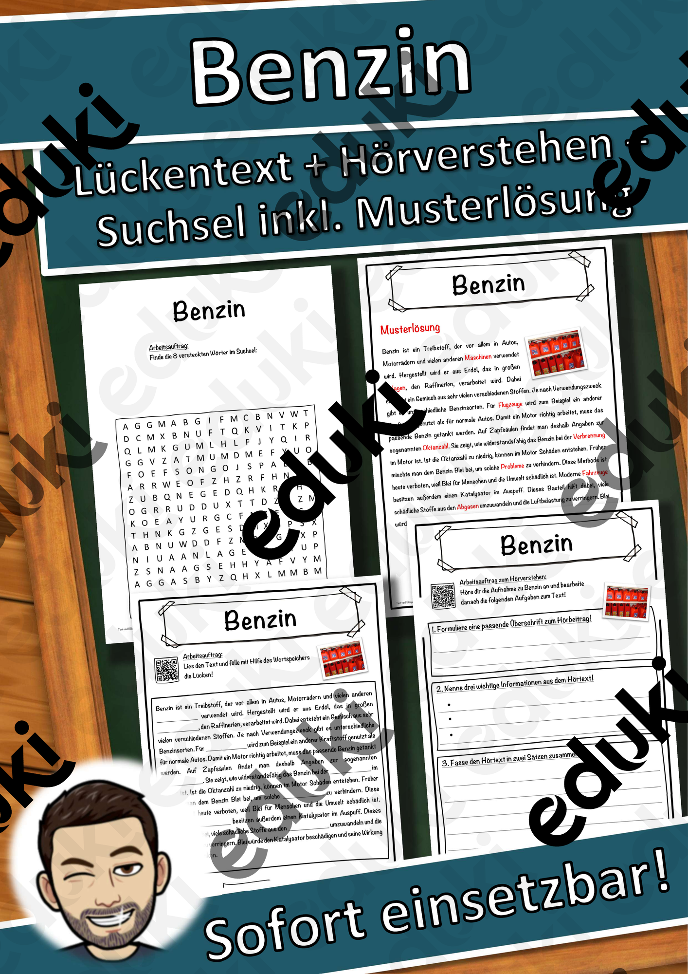 Benzin Lückentext mit Wortspeicher Hörverstehen und Suchsel