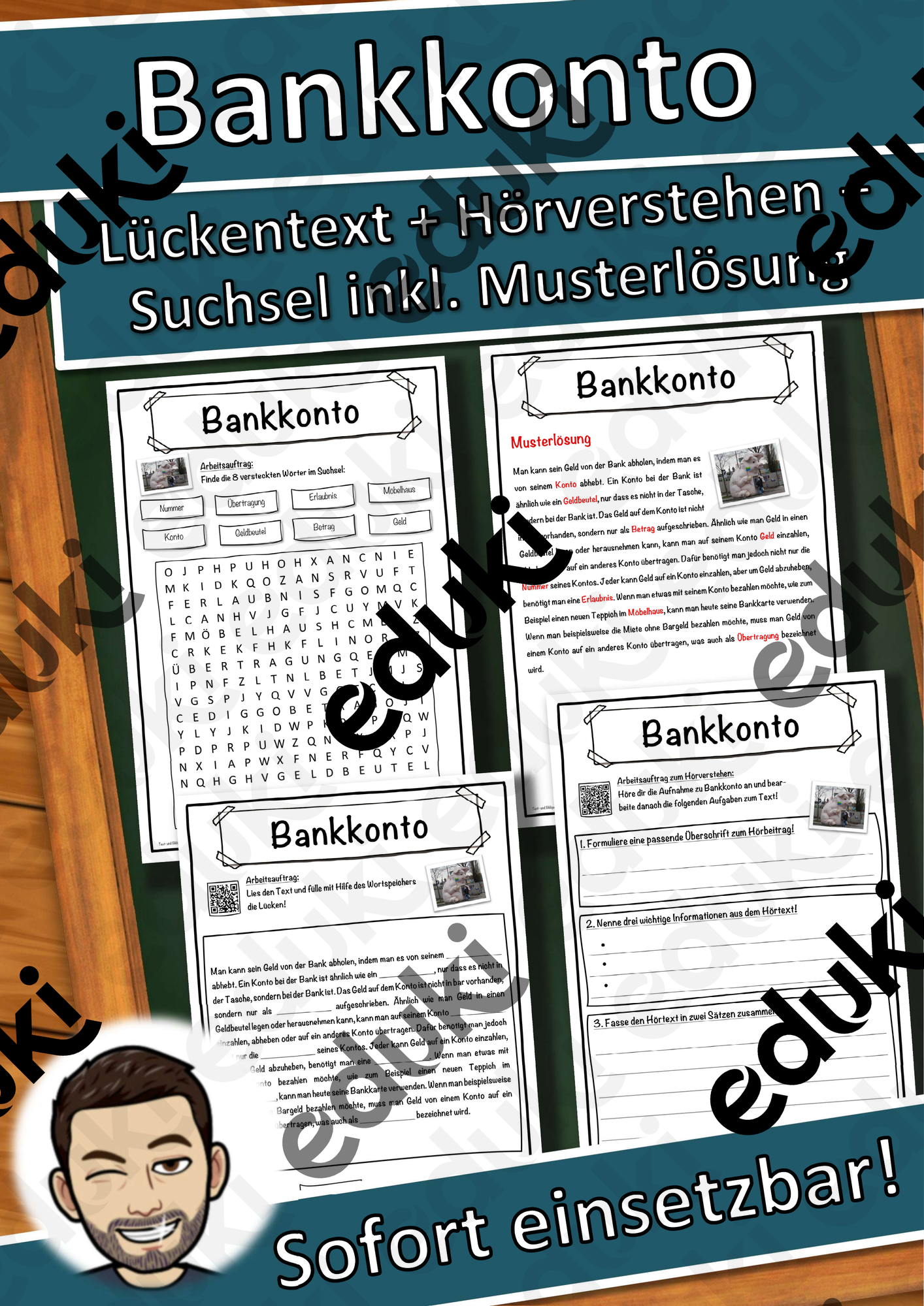 Bankkonto Lückentext mit Wortspeicher Hörverstehen und Suchsel