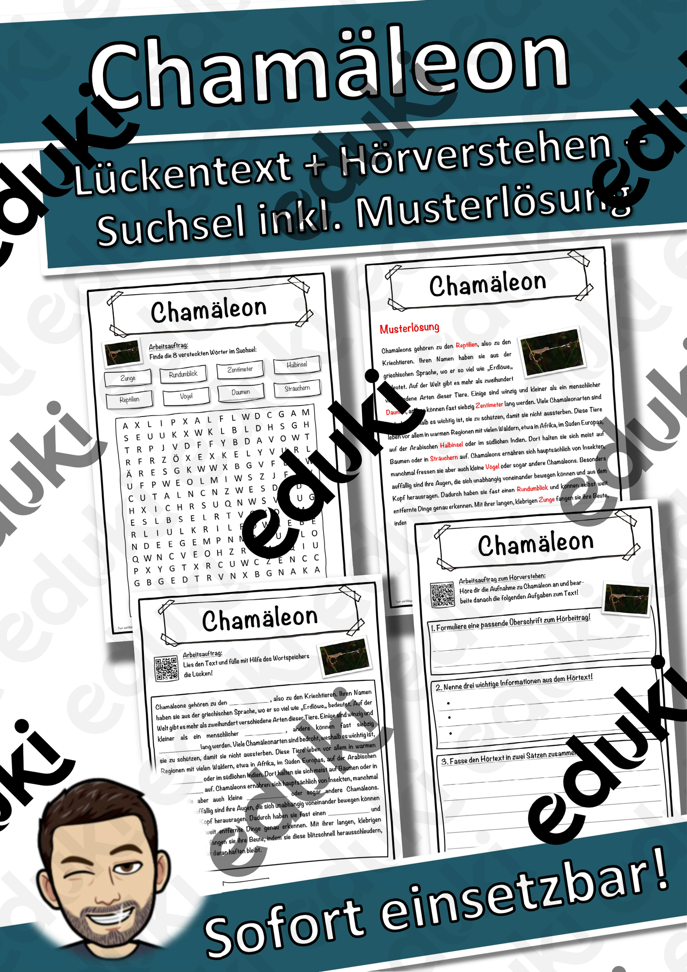 Chamäleon Lückentext mit Wortspeicher Hörverstehen und Suchsel