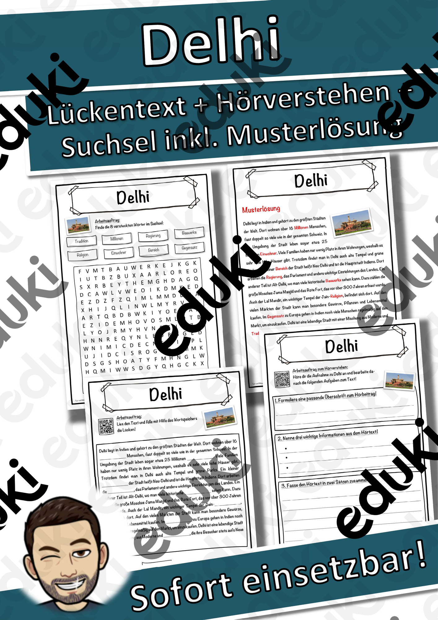 Delhi Lückentext mit Wortspeicher Hörverstehen und Suchsel