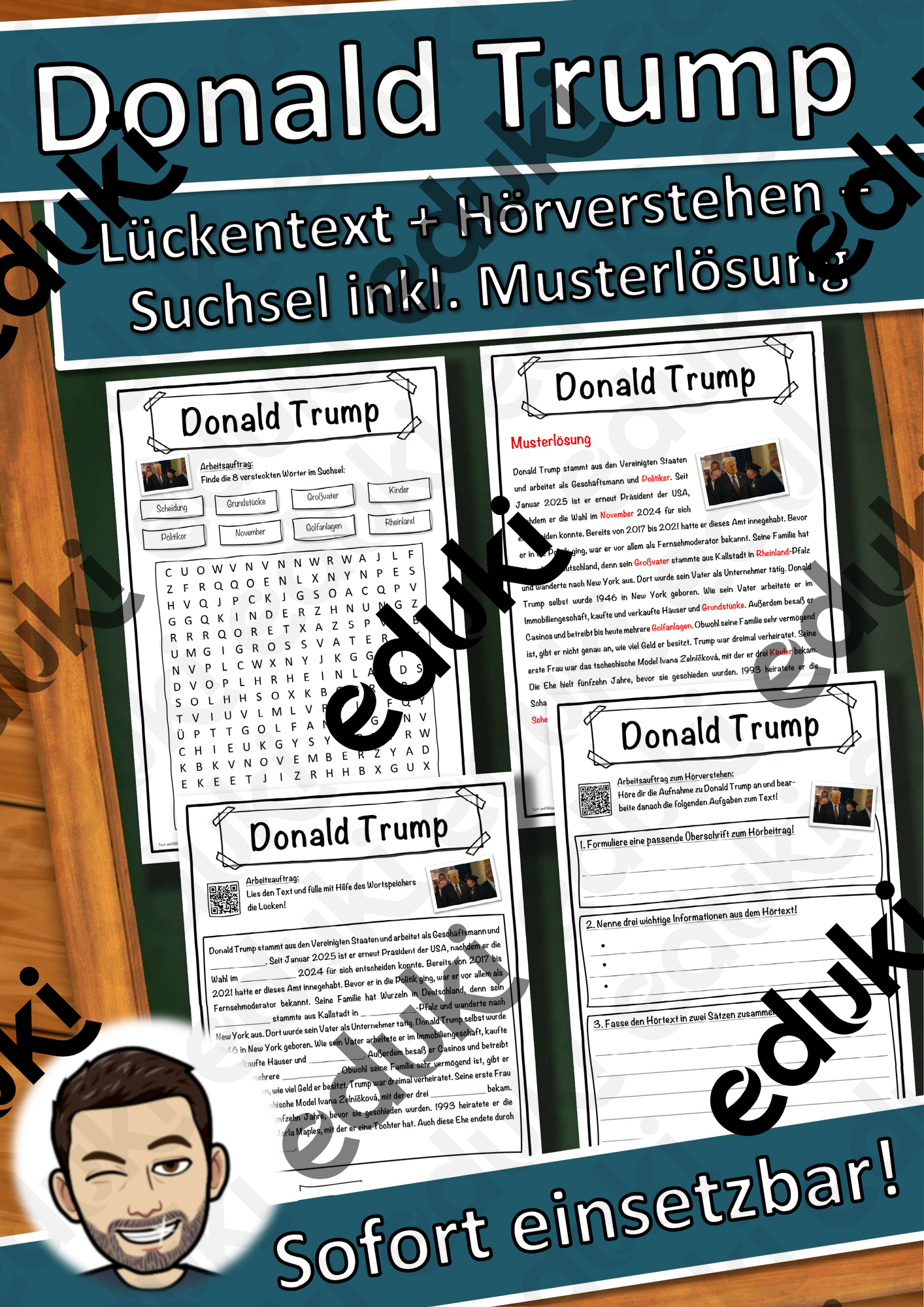 Donald Trump Lückentext mit Wortspeicher Hörverstehen und Suchsel