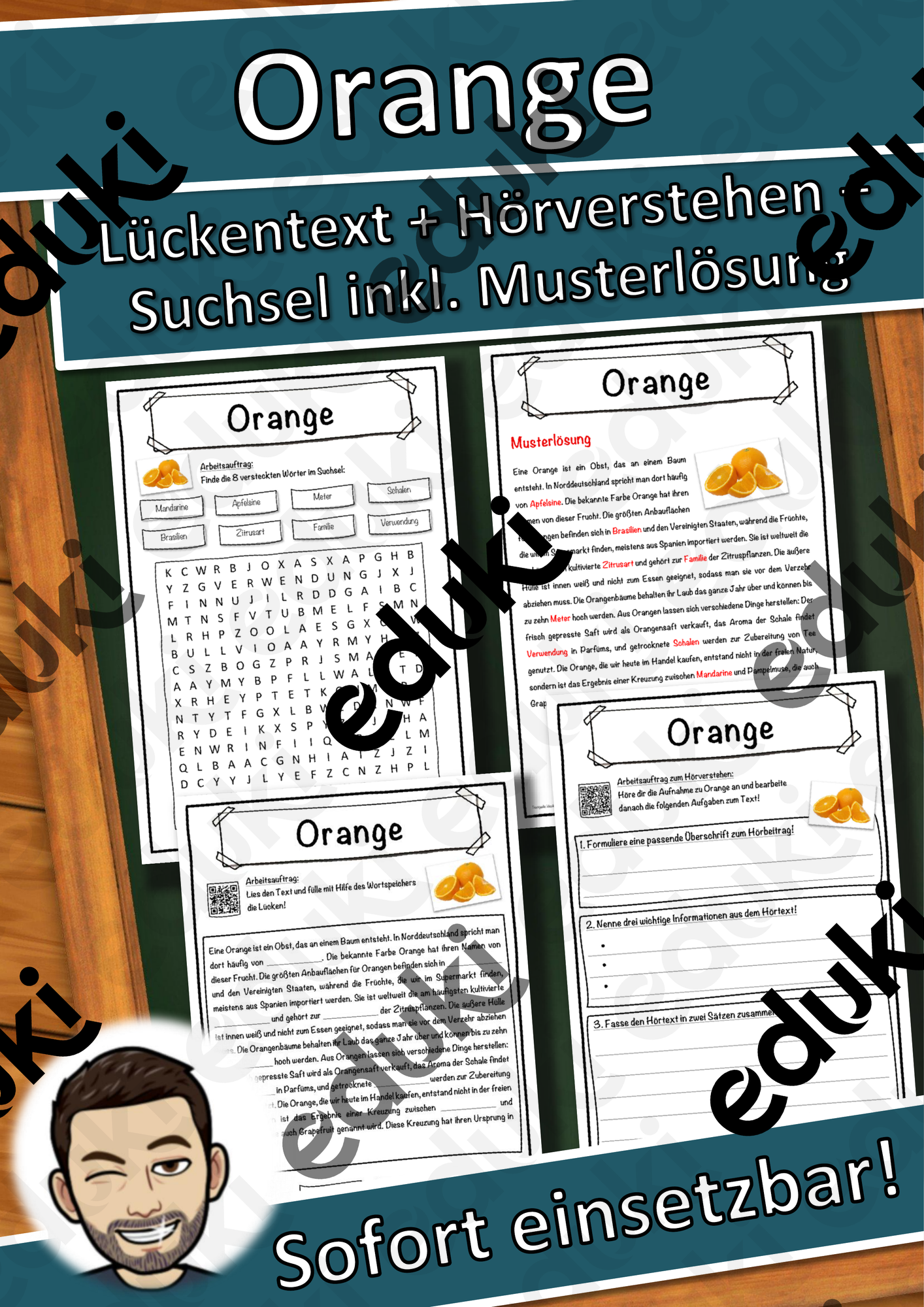 Orange Lückentext mit Wortspeicher Hörverstehen und Suchsel