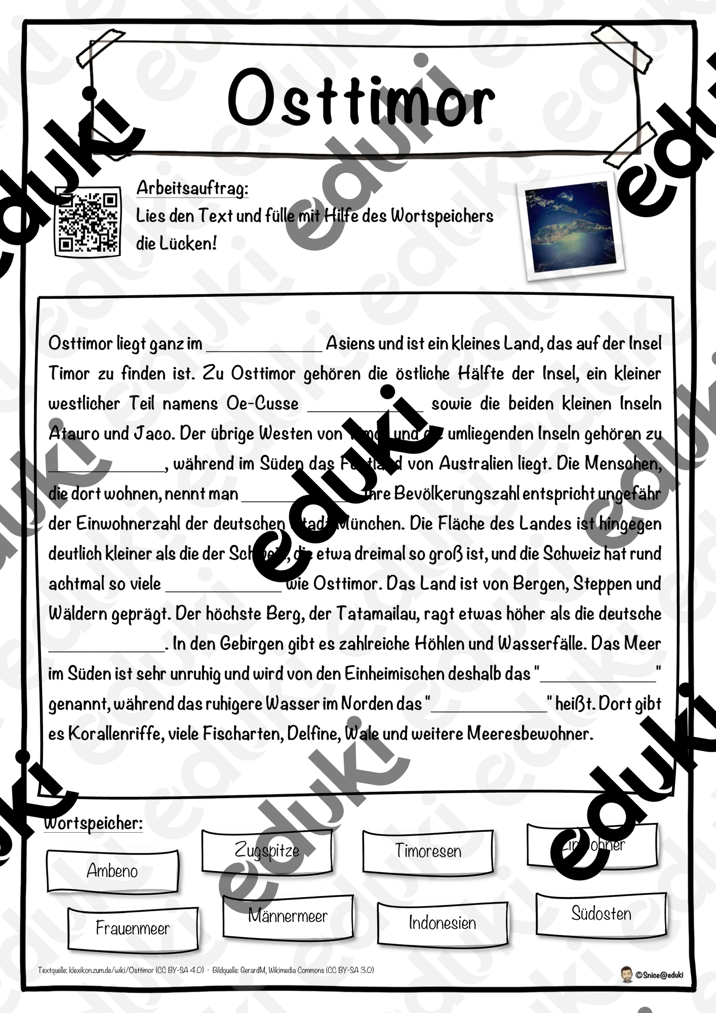 Osttimor Lückentext mit Wortspeicher Hörverstehen und Suchsel
