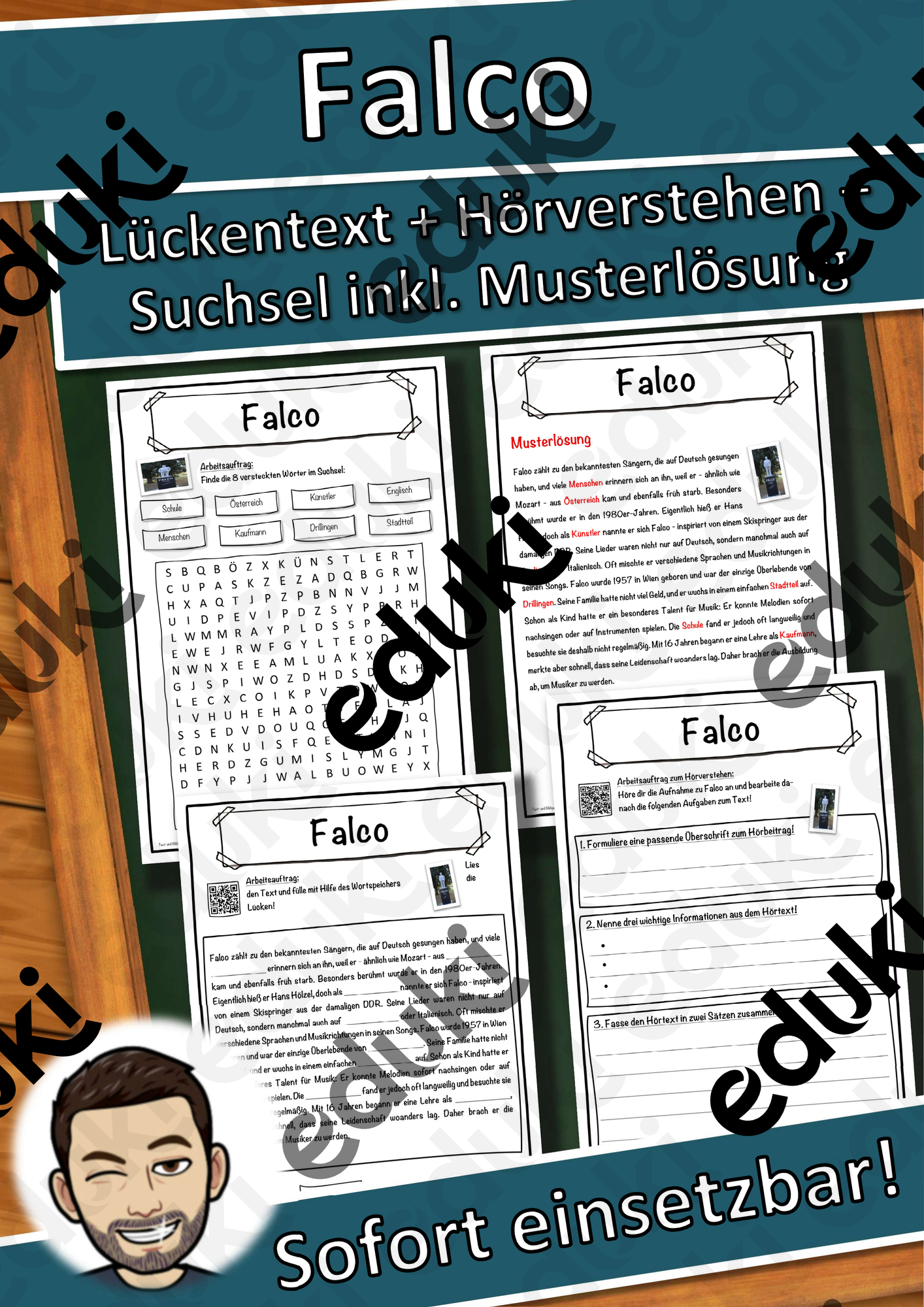 Falco Lückentext mit Wortspeicher Hörverstehen und Suchsel