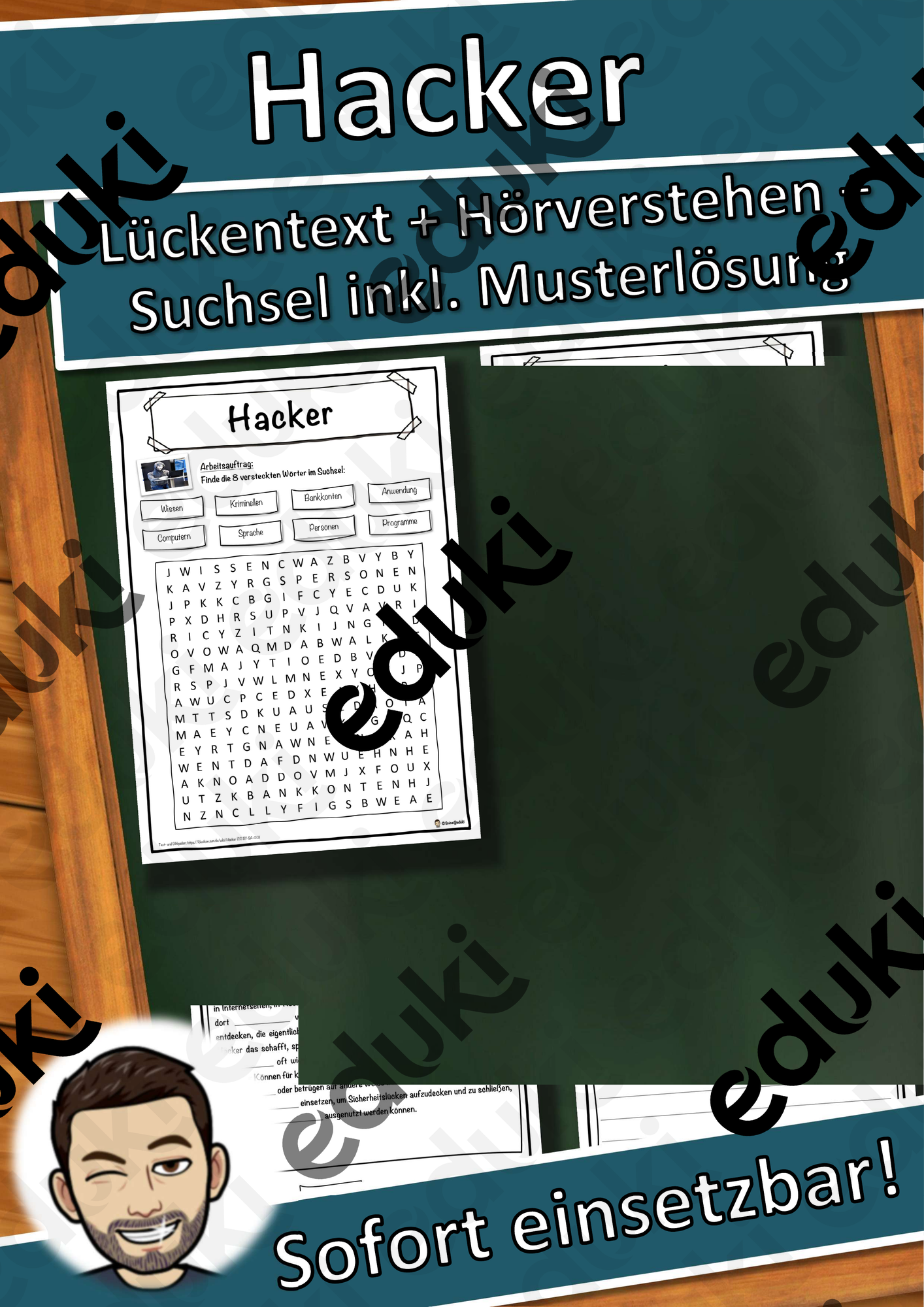 Hacker Lückentext mit Wortspeicher Hörverstehen und Suchsel