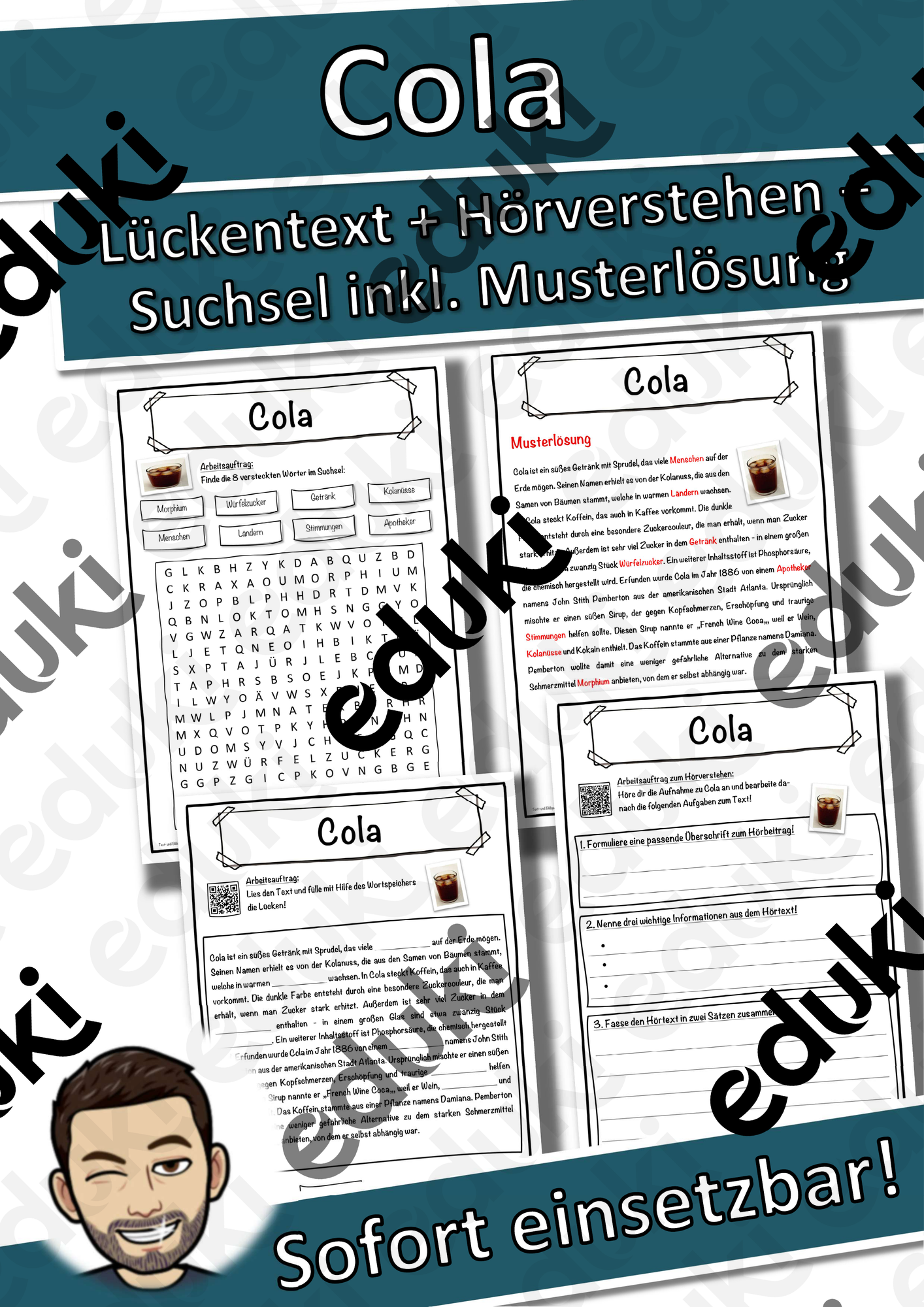 Cola Lückentext mit Wortspeicher Hörverstehen und Suchsel