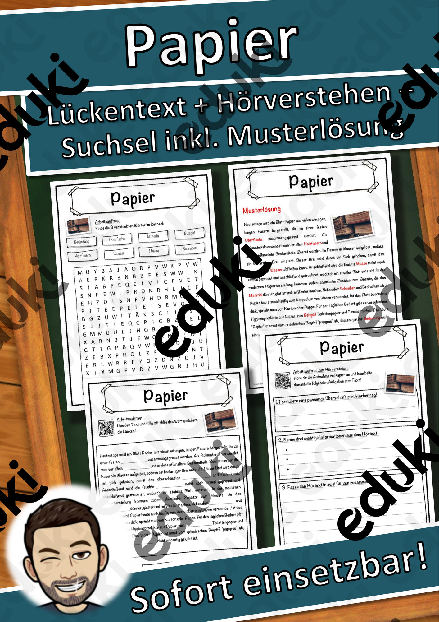 Papier Lückentext mit Wortspeicher Hörverstehen und Suchsel