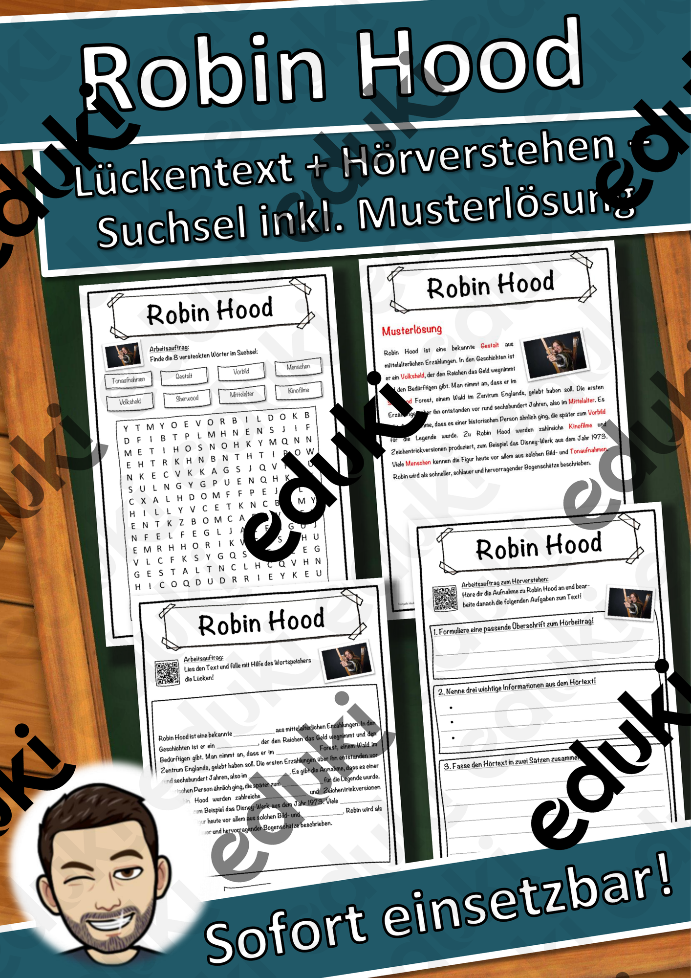 Robin Hood Lückentext mit Wortspeicher Hörverstehen und Suchsel
