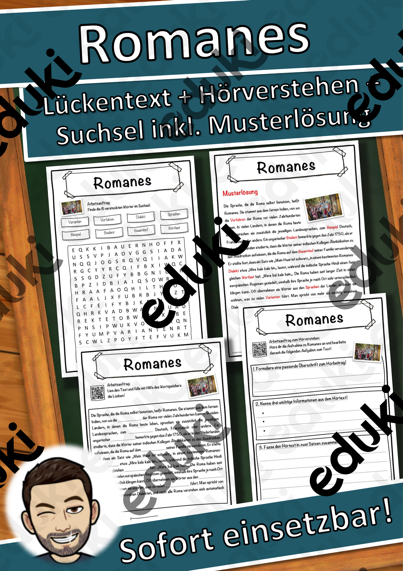 Romanes Lückentext mit Wortspeicher Hörverstehen und Suchsel