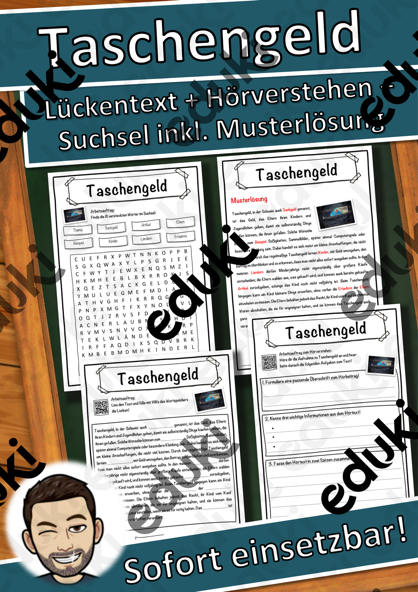 Taschengeld Lückentext mit Wortspeicher Hörverstehen und Suchsel