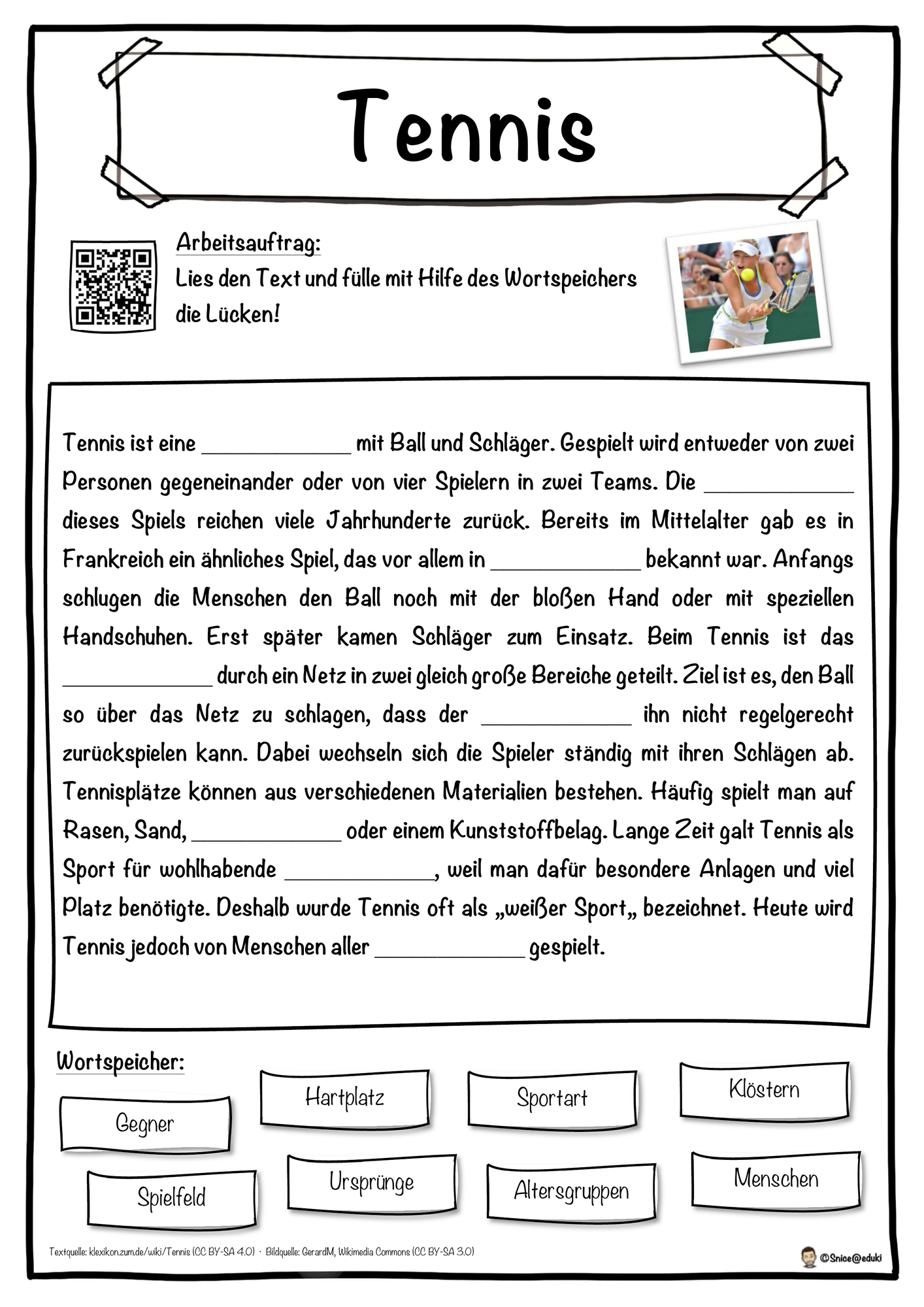 Tennis Lückentext mit Wortspeicher Hörverstehen und Suchsel