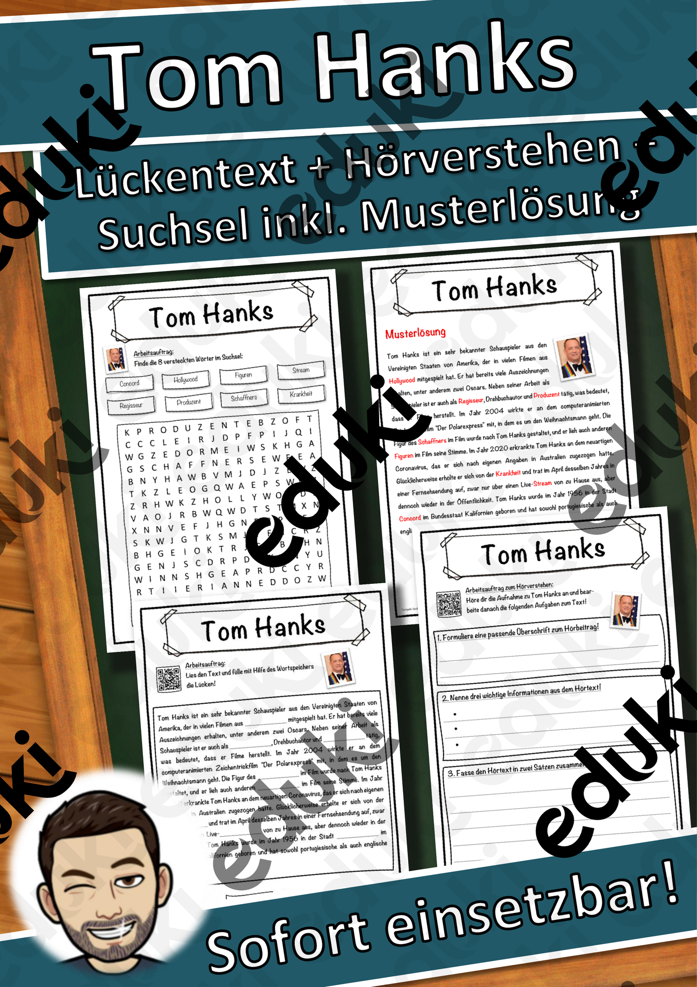 Tom Hanks Lückentext mit Wortspeicher Hörverstehen und Suchsel