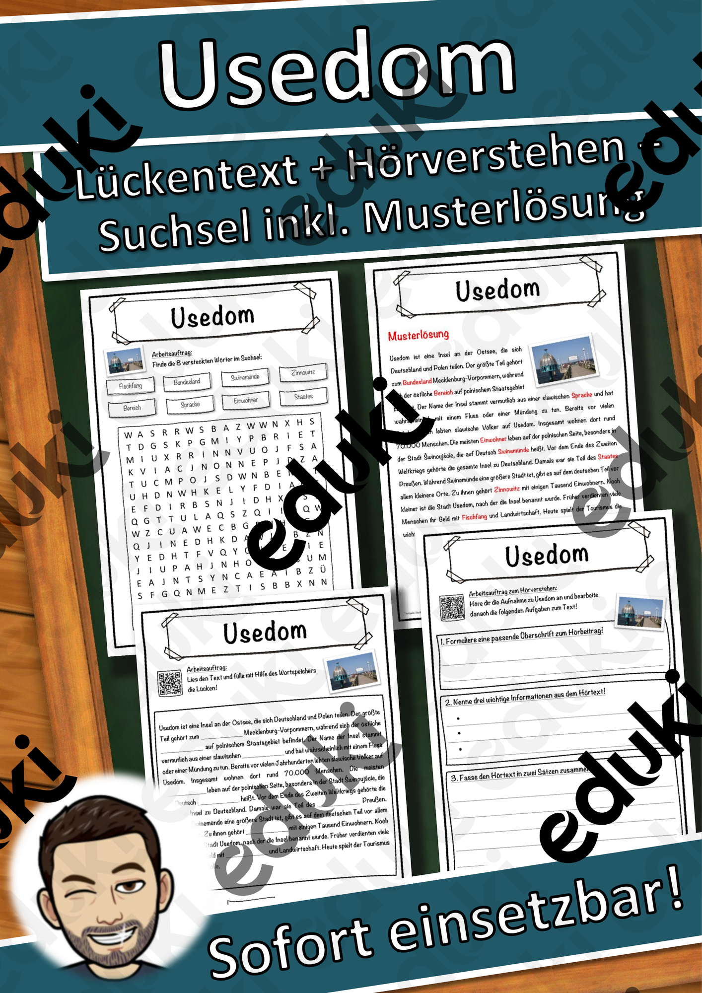 Usedom Lückentext mit Wortspeicher Hörverstehen und Suchsel