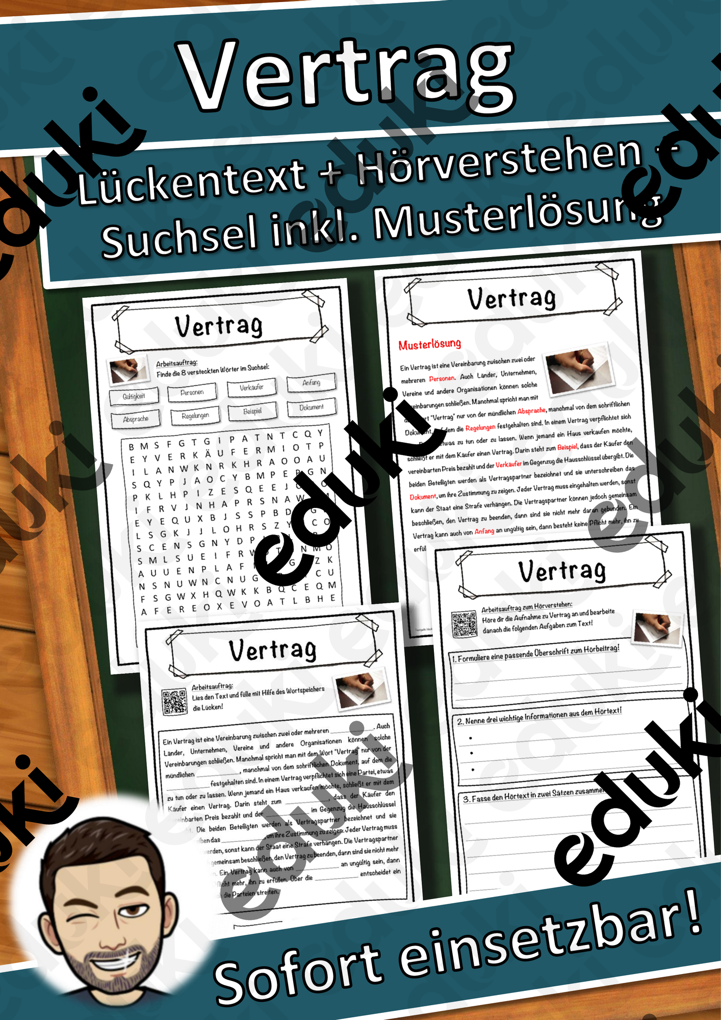 Vertrag Lückentext mit Wortspeicher Hörverstehen und Suchsel