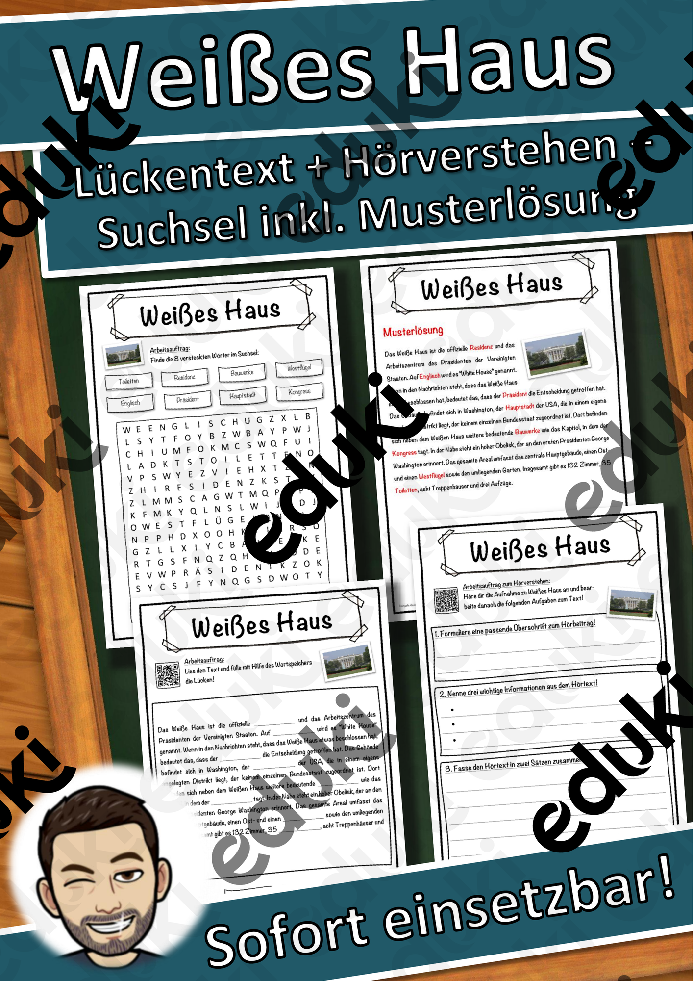 Weißes Haus Lückentext mit Wortspeicher Hörverstehen und Suchsel