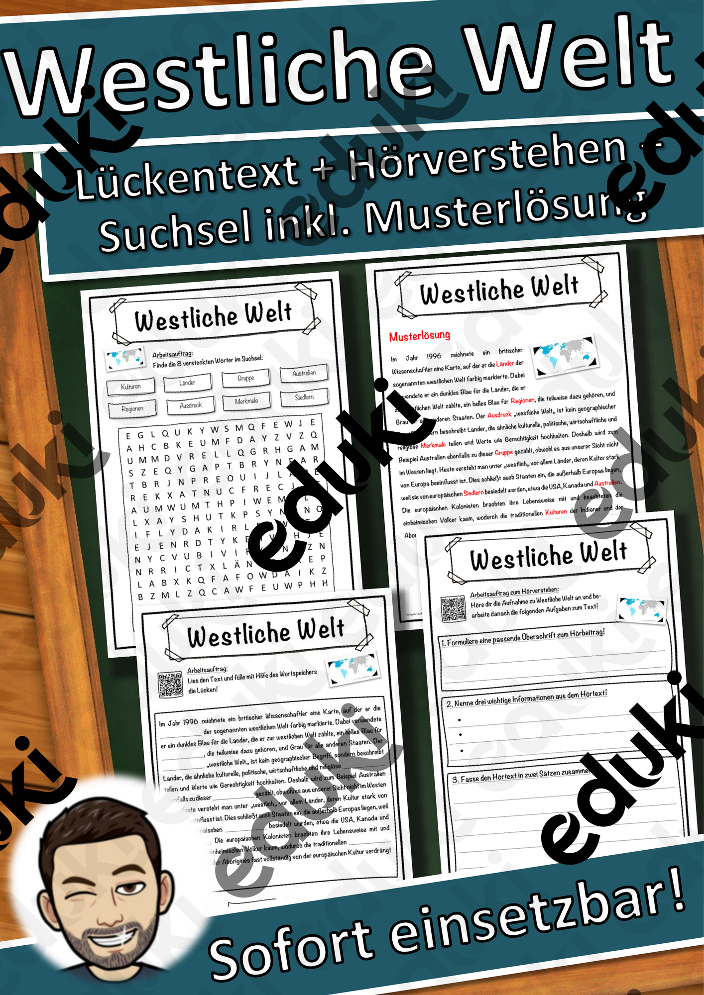 Westliche Welt Lückentext mit Wortspeicher Hörverstehen und Suchsel