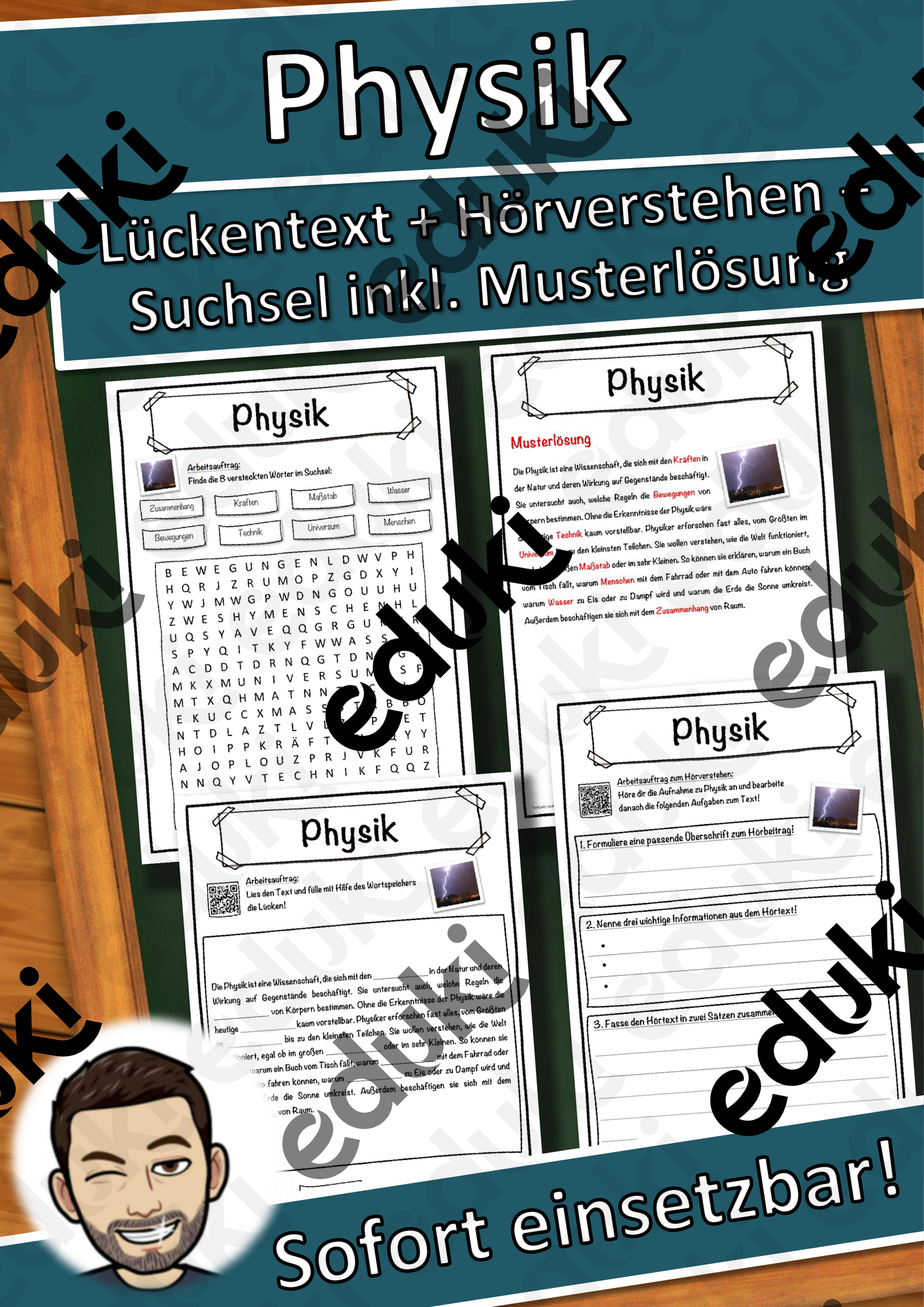 Physik Lückentext mit Wortspeicher Hörverstehen und Suchsel