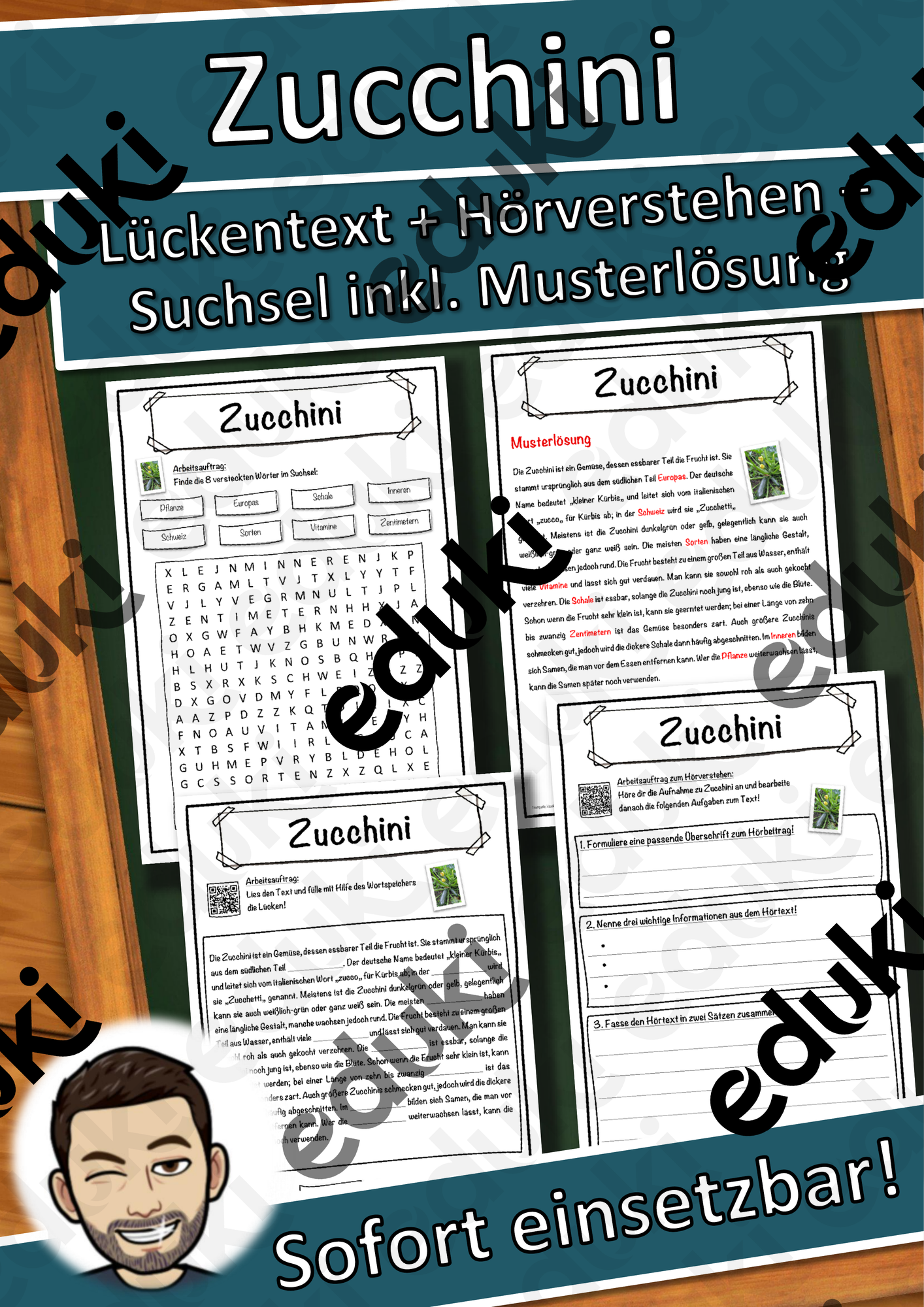 Zucchini Lückentext mit Wortspeicher Hörverstehen und Suchsel