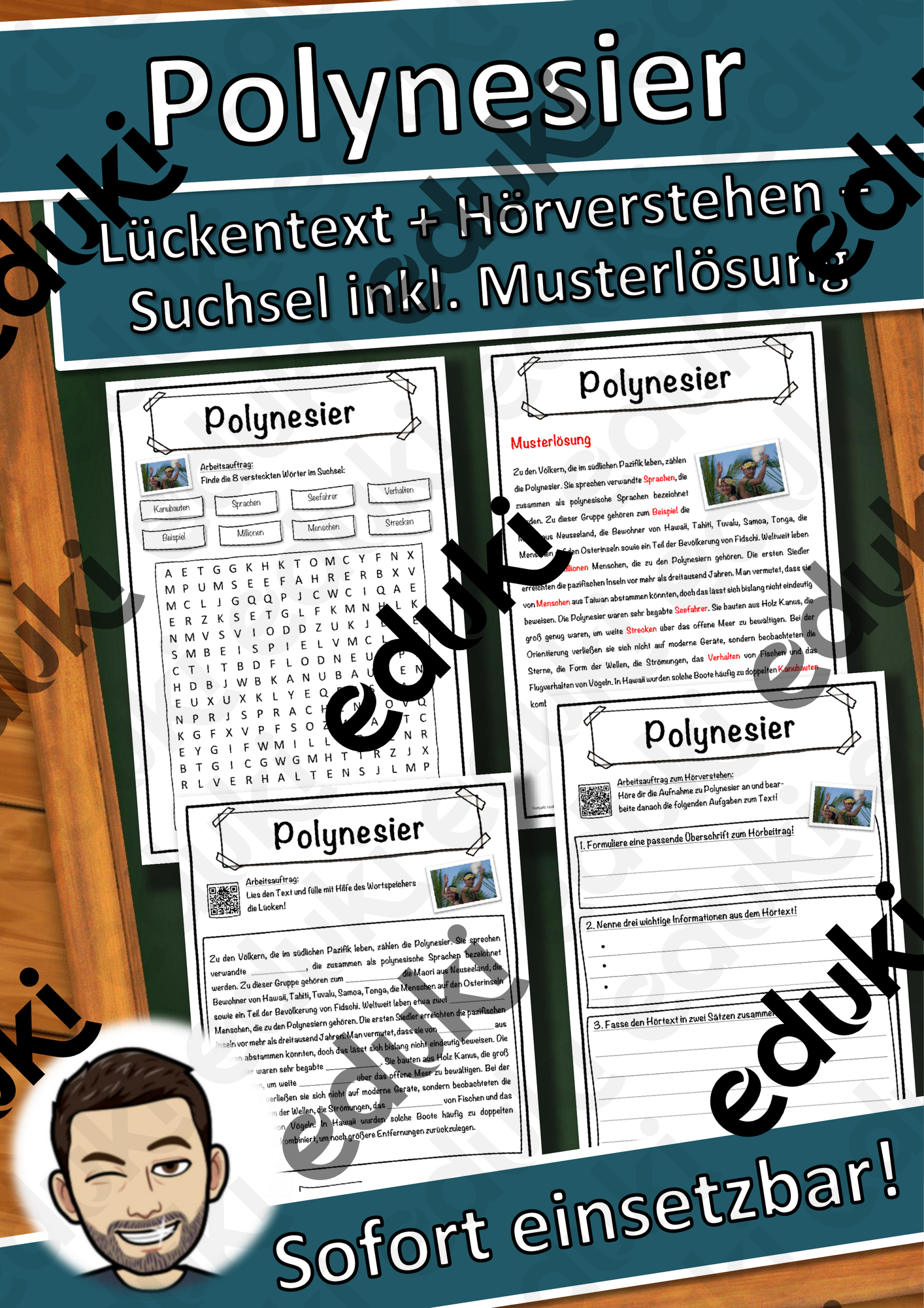Polynesier Lückentext mit Wortspeicher Hörverstehen und Suchsel