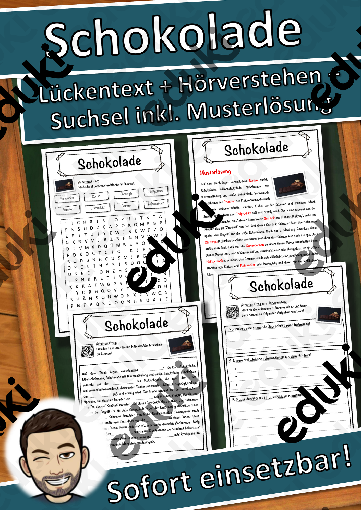 Schokolade Lückentext mit Wortspeicher Hörverstehen und Suchsel