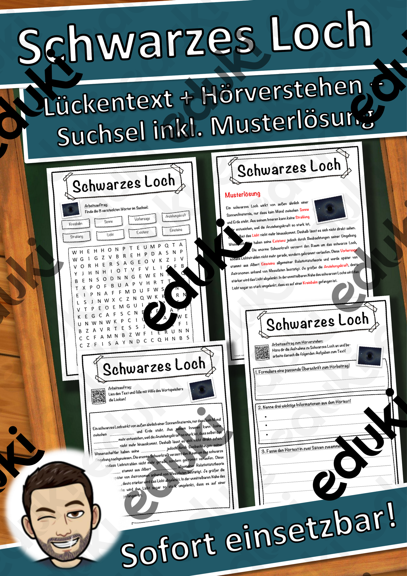 Schwarzes Loch Lückentext mit Wortspeicher Hörverstehen und Suchsel