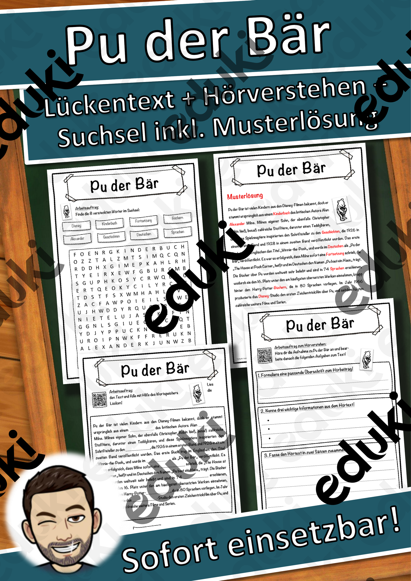 Pu der Bär Lückentext mit Wortspeicher Hörverstehen und Suchsel