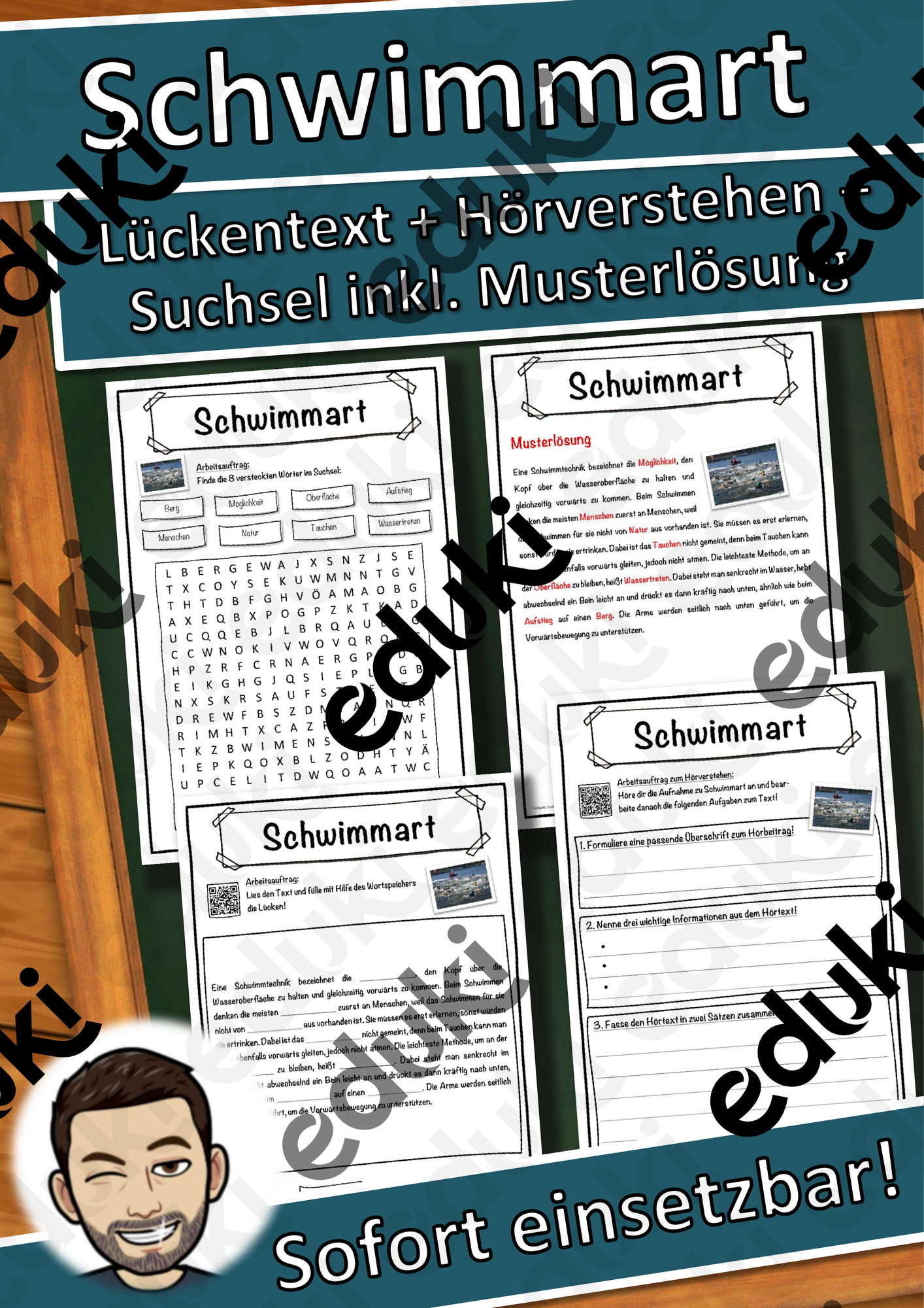 Schwimmart Lückentext mit Wortspeicher Hörverstehen und Suchsel