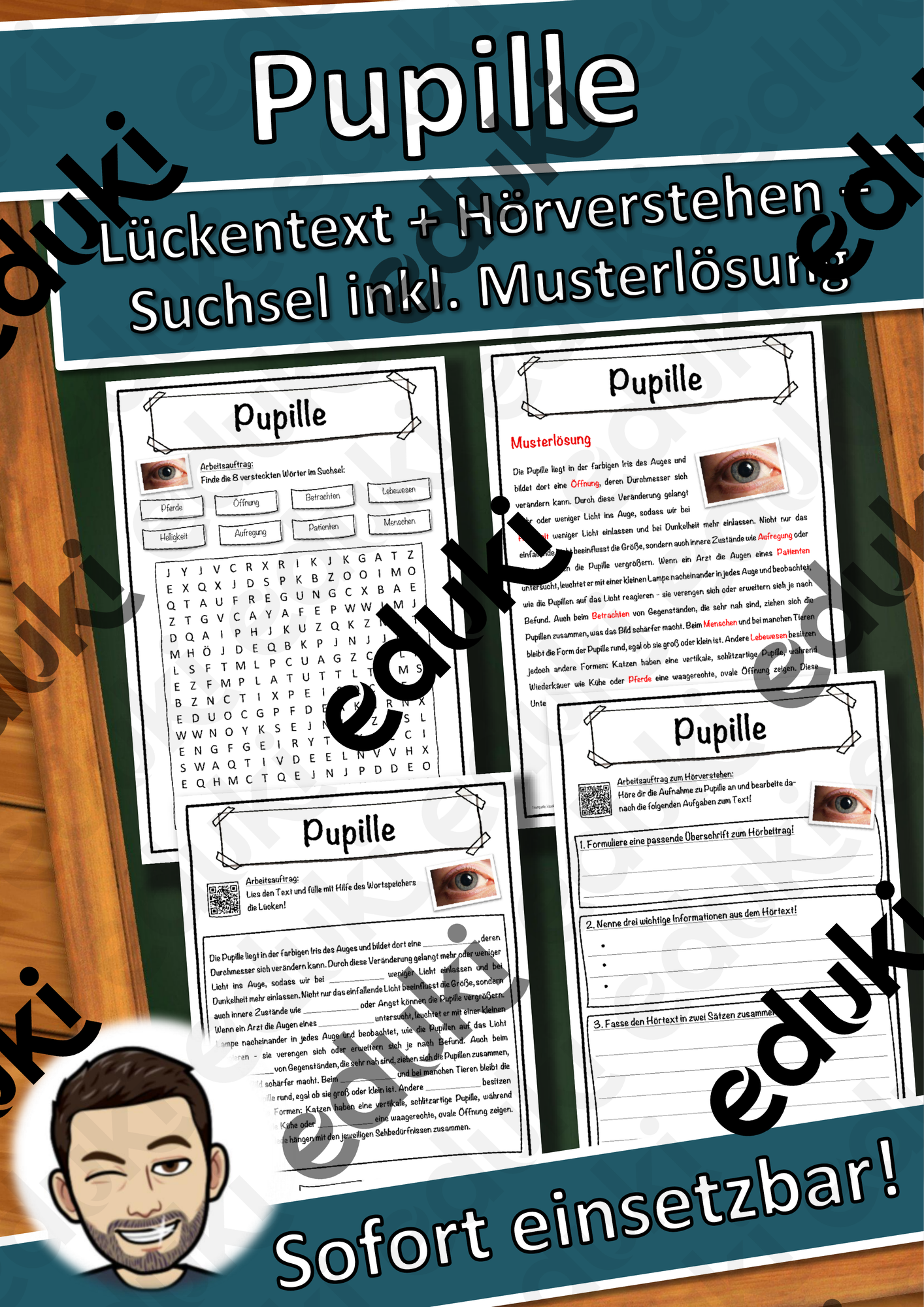 Pupille Lückentext mit Wortspeicher Hörverstehen und Suchsel