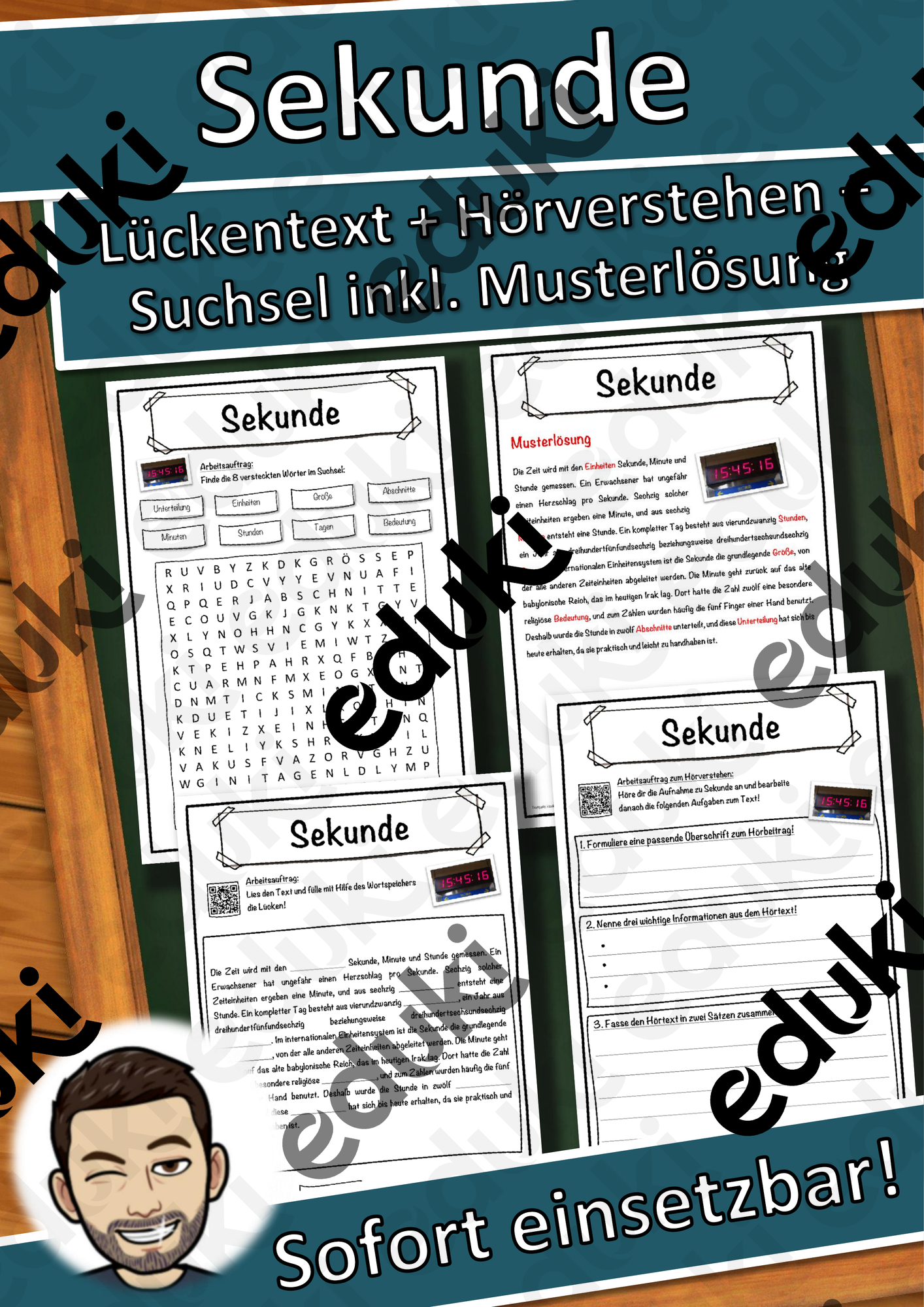 Sekunde Lückentext mit Wortspeicher Hörverstehen und Suchsel