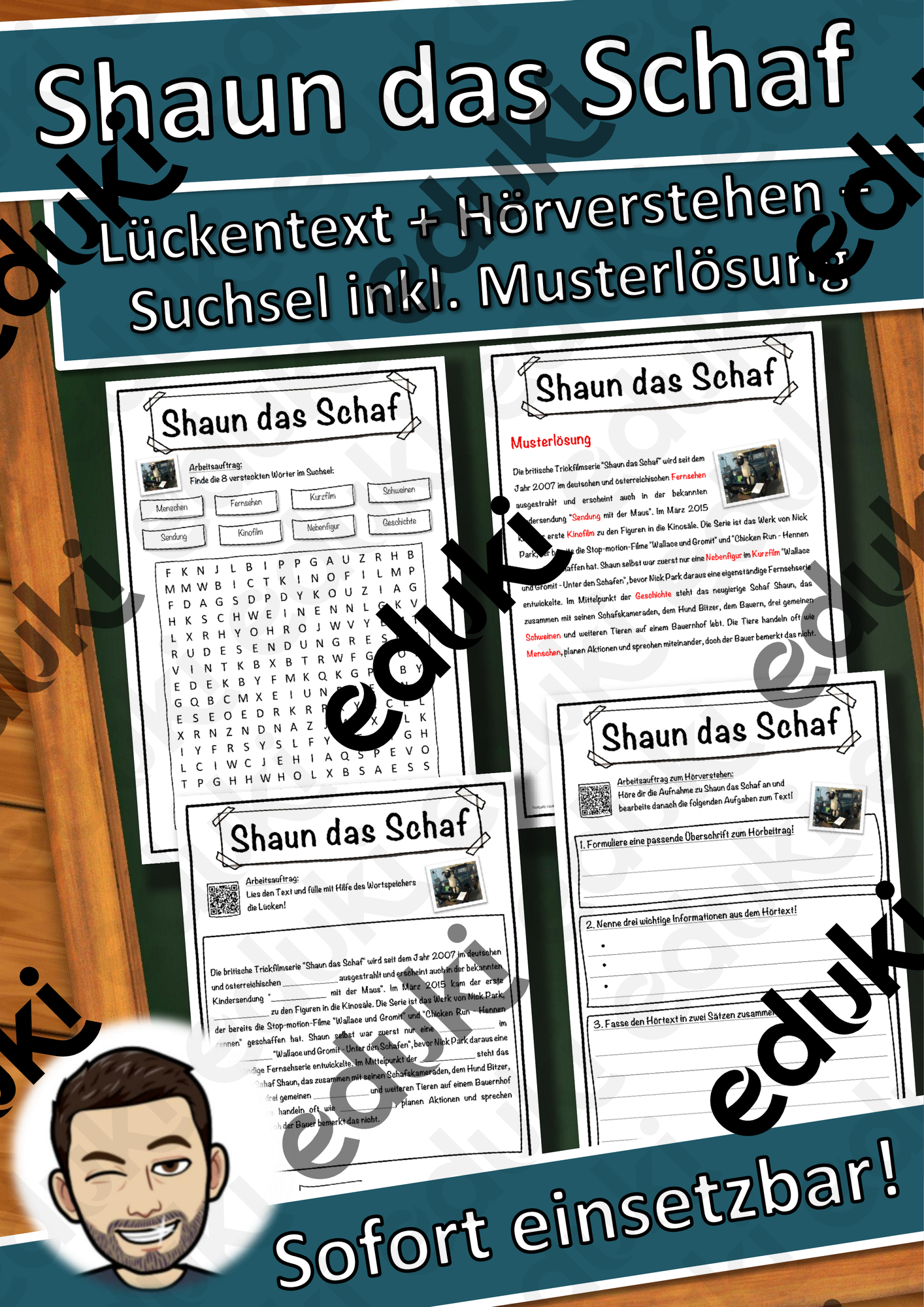 Shaun das Schaf Lückentext mit Wortspeicher Hörverstehen und Suchsel