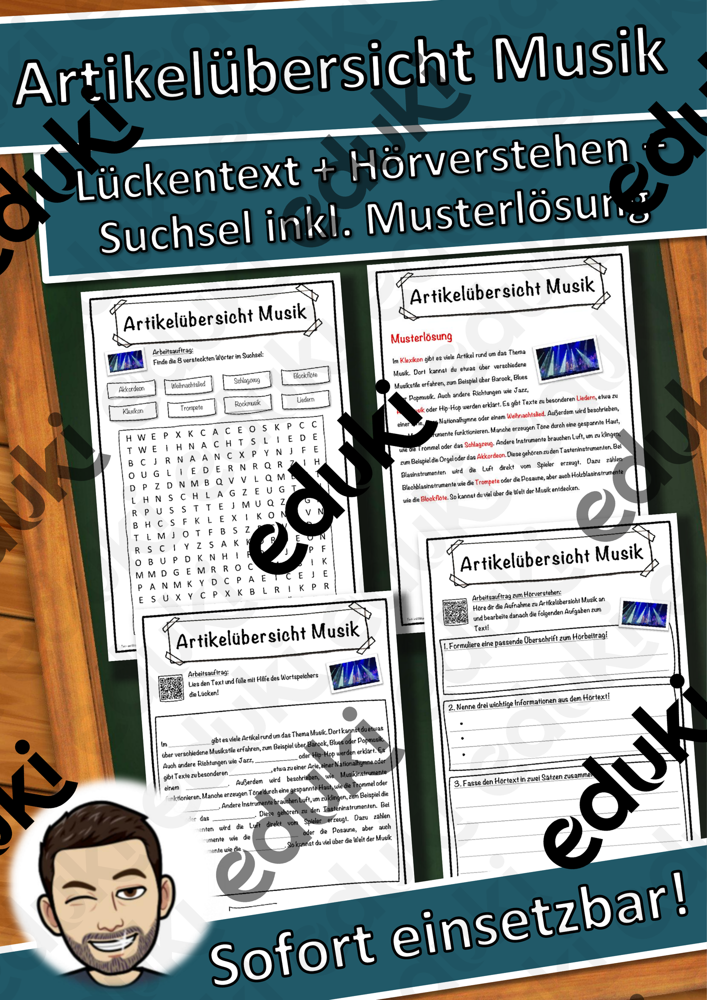 Artikelübersicht Musik Lückentext mit Wortspeicher Hörverstehen und Suchsel