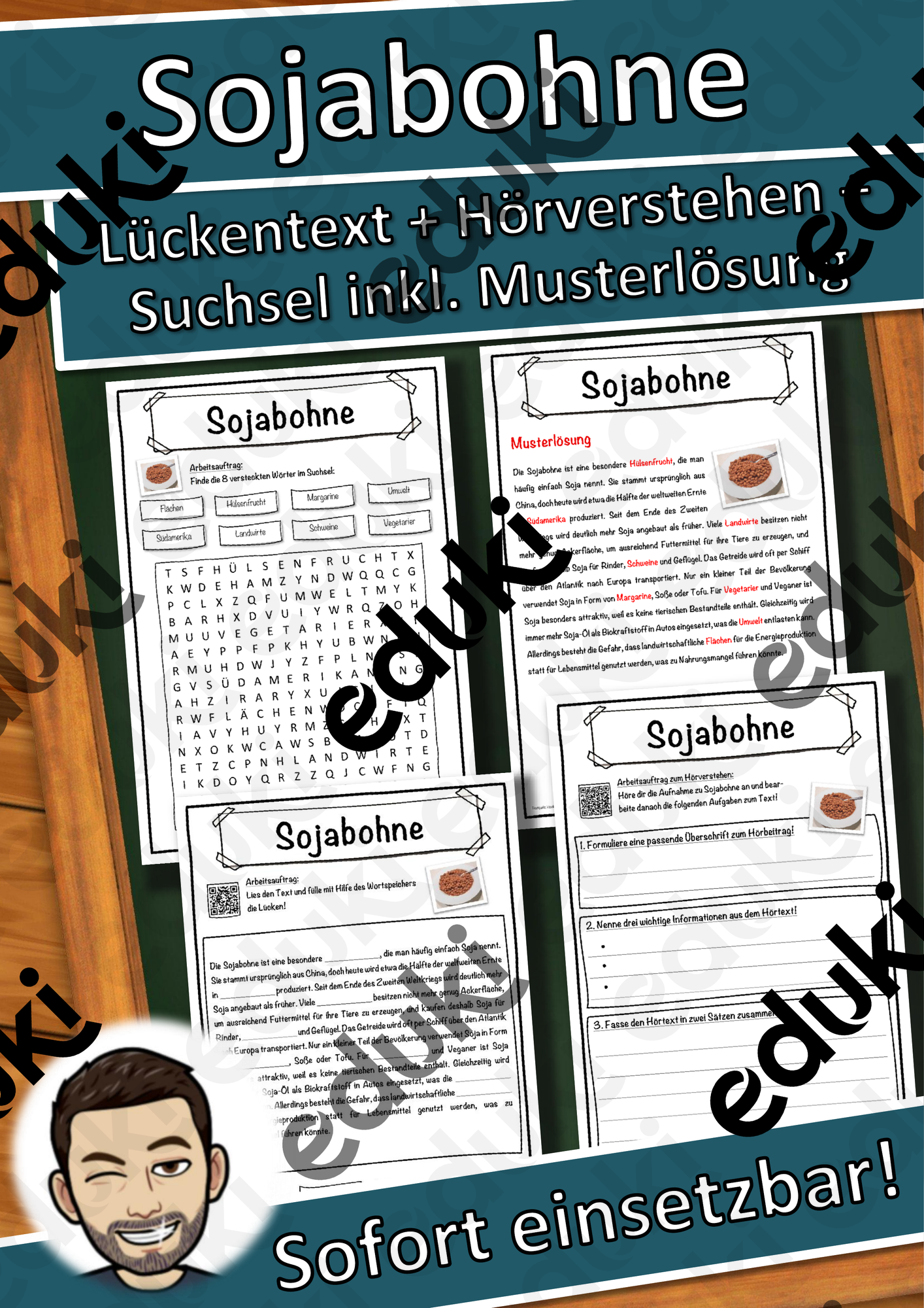 Sojabohne Lückentext mit Wortspeicher Hörverstehen und Suchsel