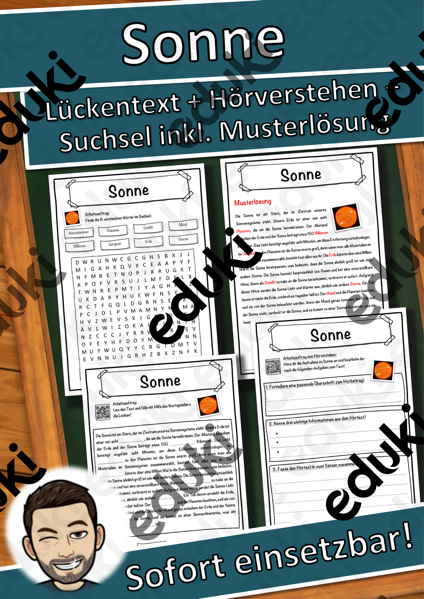 Sonne Lückentext mit Wortspeicher Hörverstehen und Suchsel