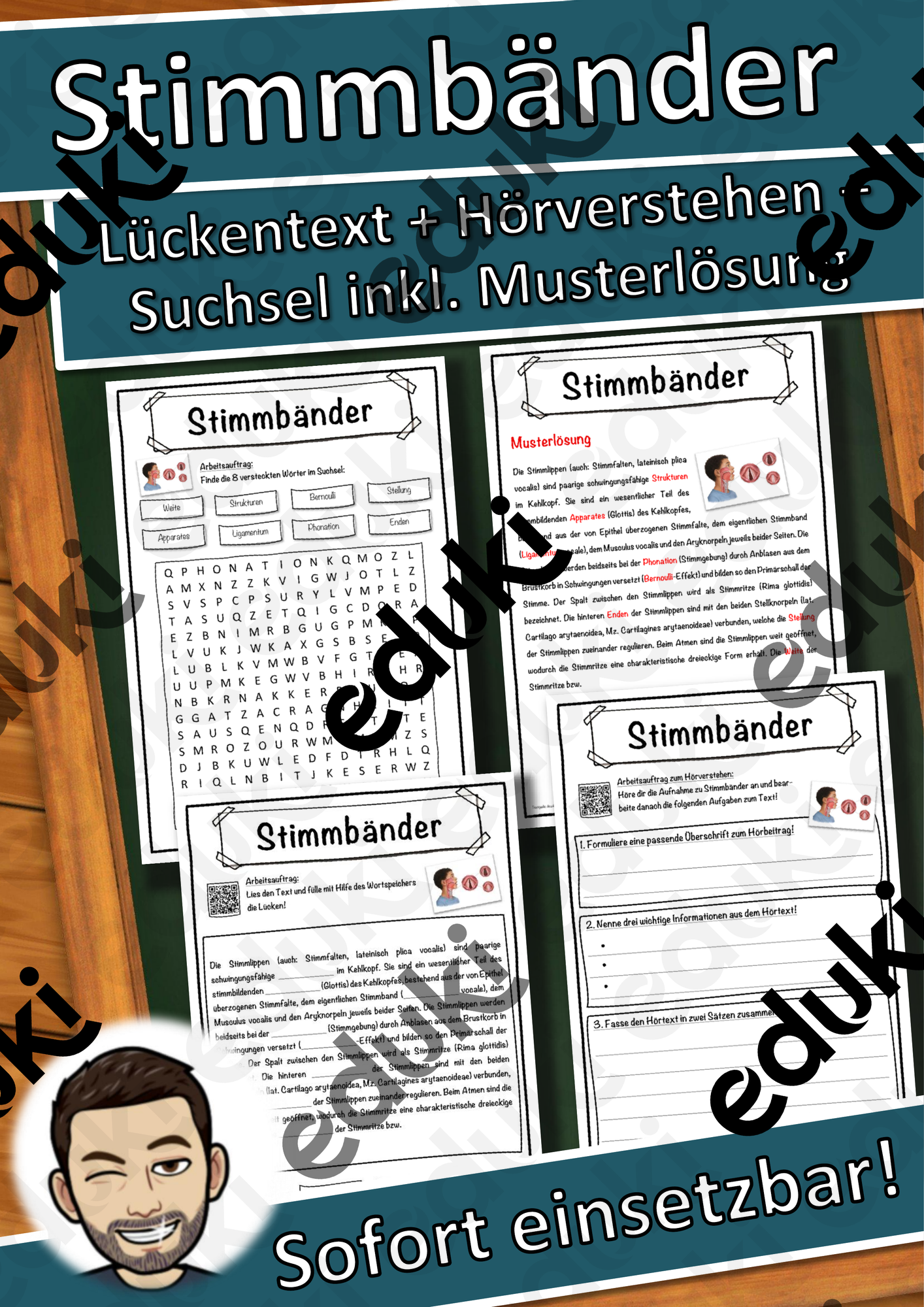 Stimmbänder Lückentext mit Wortspeicher Hörverstehen und Suchsel