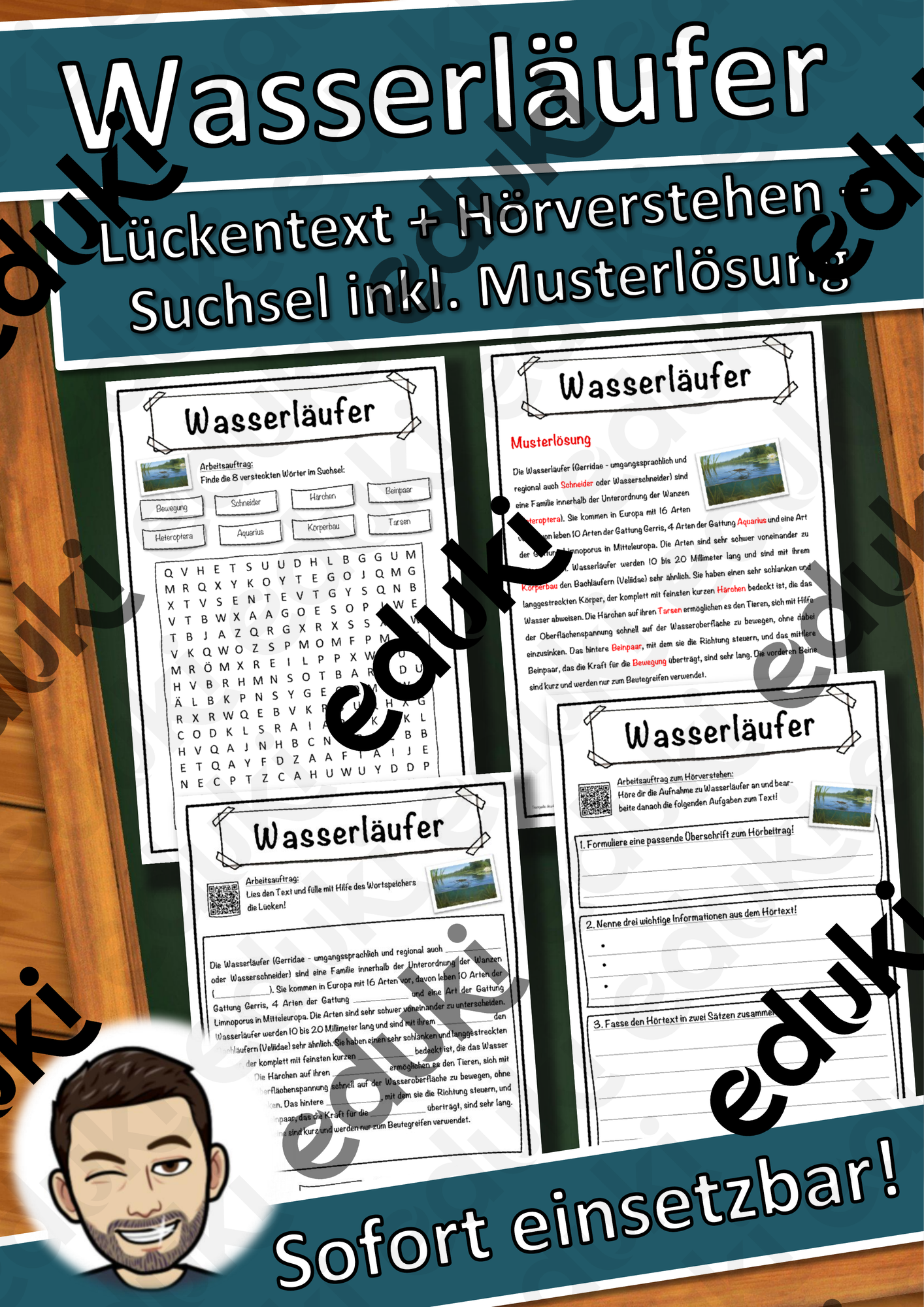 Wasserläufer Lückentext mit Wortspeicher Hörverstehen und Suchsel