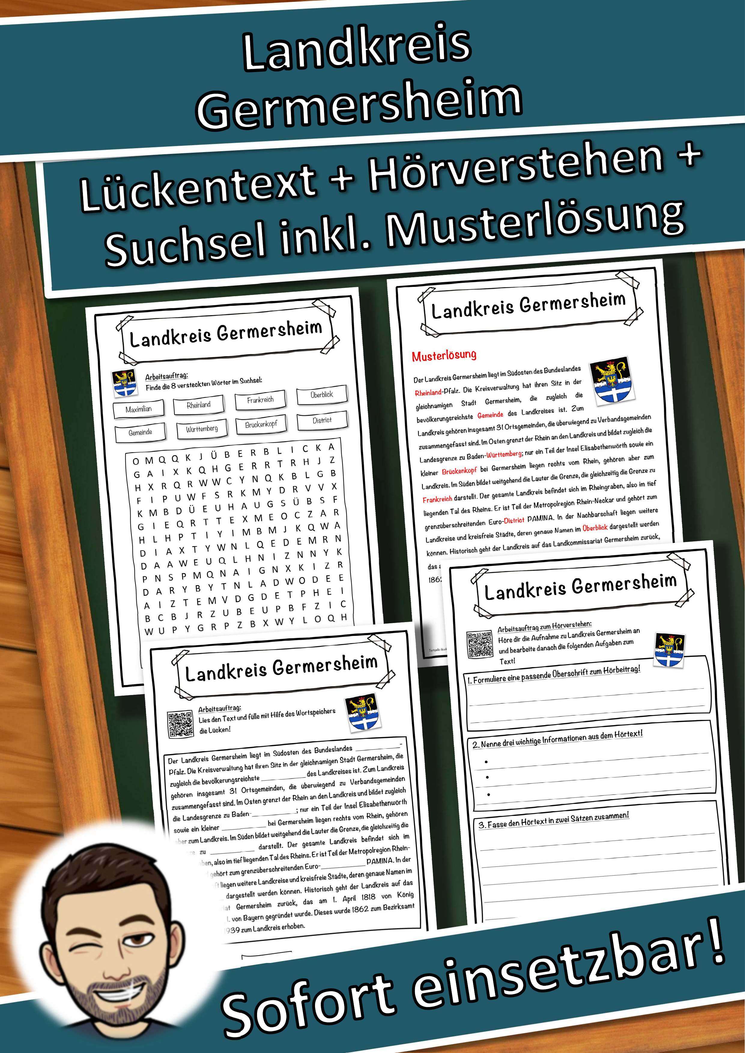 Landkreis Germersheim Lückentext mit Wortspeicher Hörverstehen und Suchsel