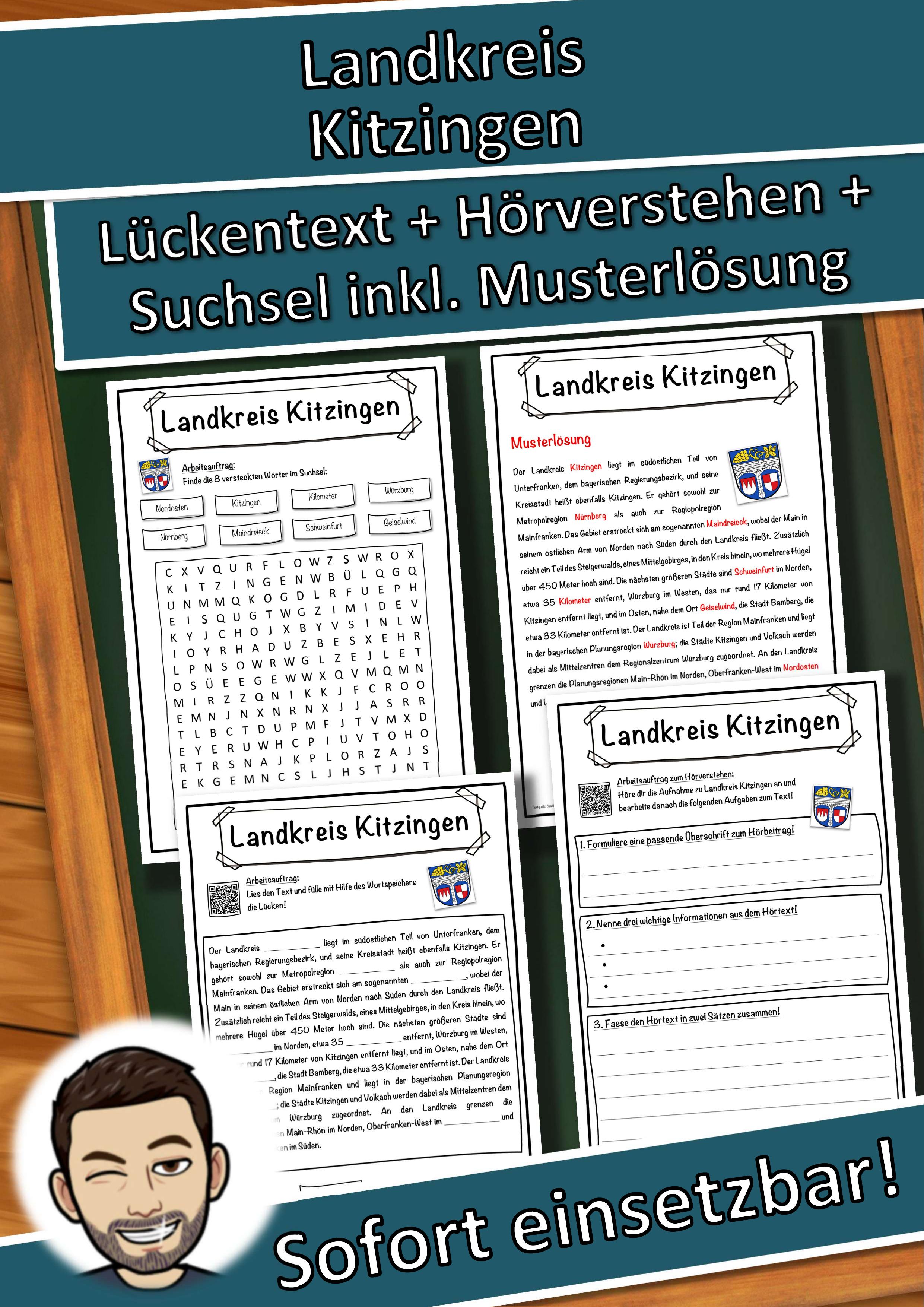 Landkreis Kitzingen Lückentext mit Wortspeicher Hörverstehen und Suchsel