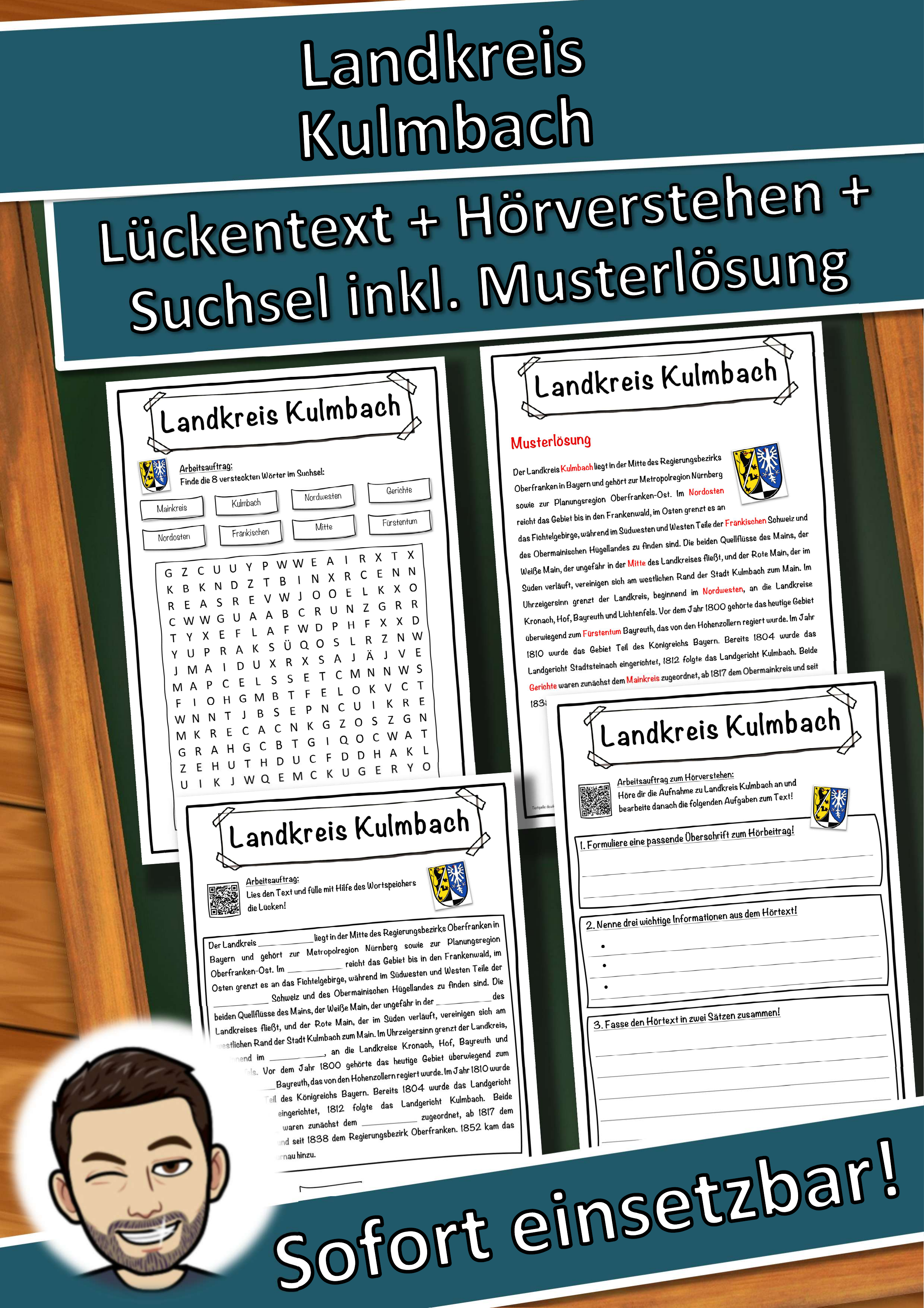 Landkreis Kulmbach Lückentext mit Wortspeicher Hörverstehen und Suchsel