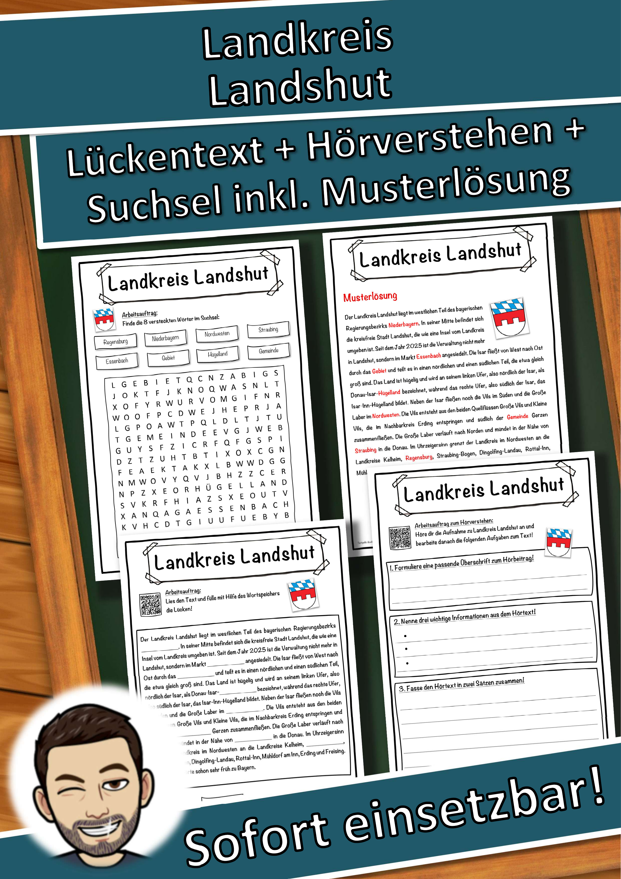 Landkreis Landshut Lückentext mit Wortspeicher Hörverstehen und Suchsel