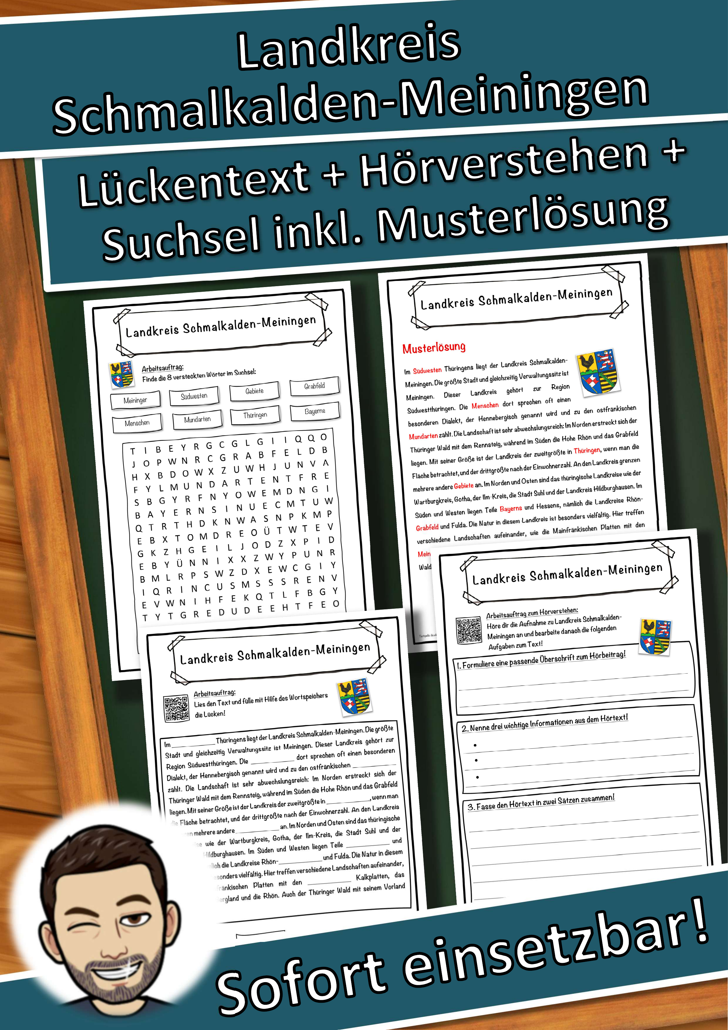 Landkreis Schmalkalden-Meiningen Lückentext mit Wortspeicher Hörverstehen und Suchsel