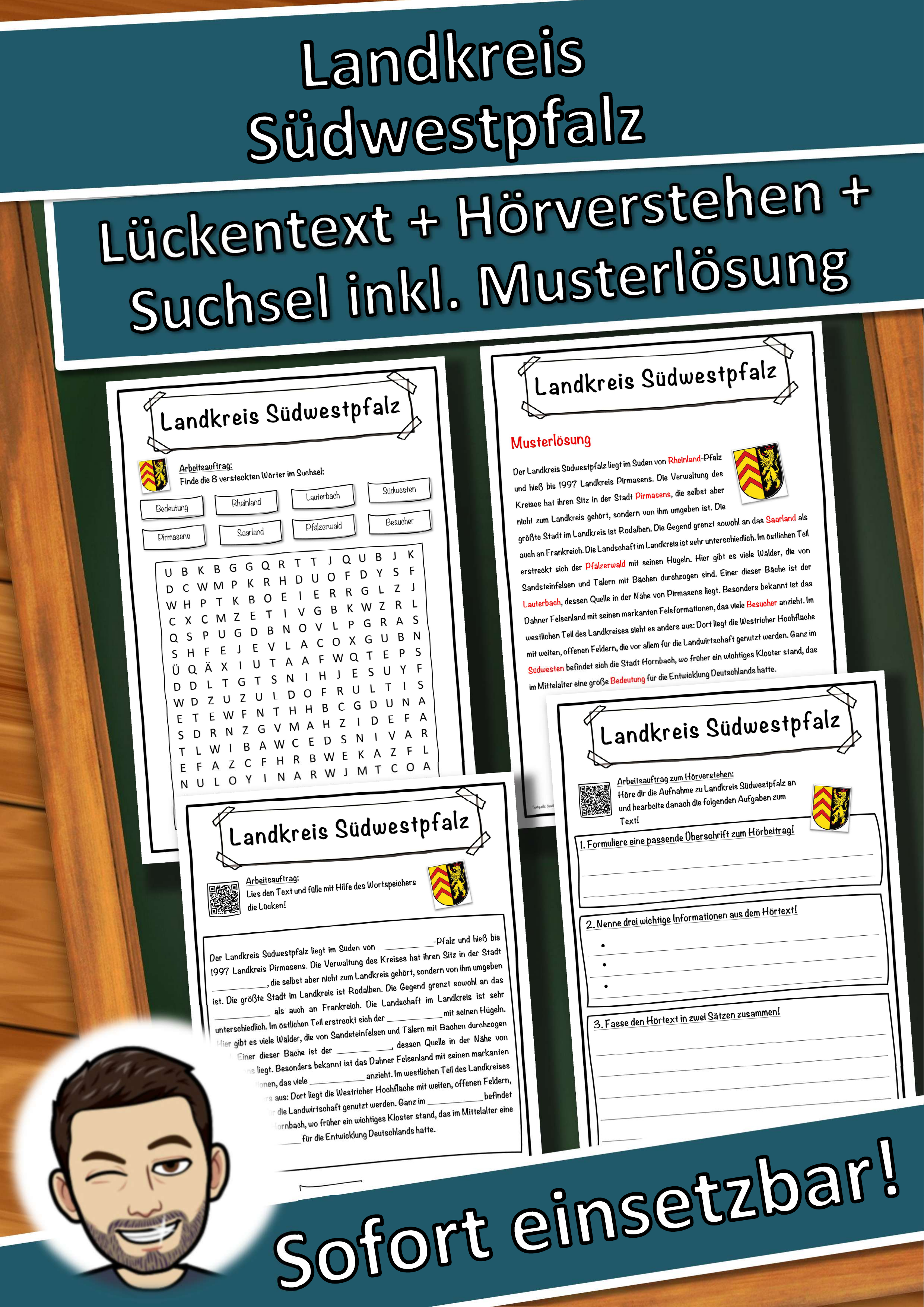 Landkreis Südwestpfalz Lückentext mit Wortspeicher Hörverstehen und Suchsel
